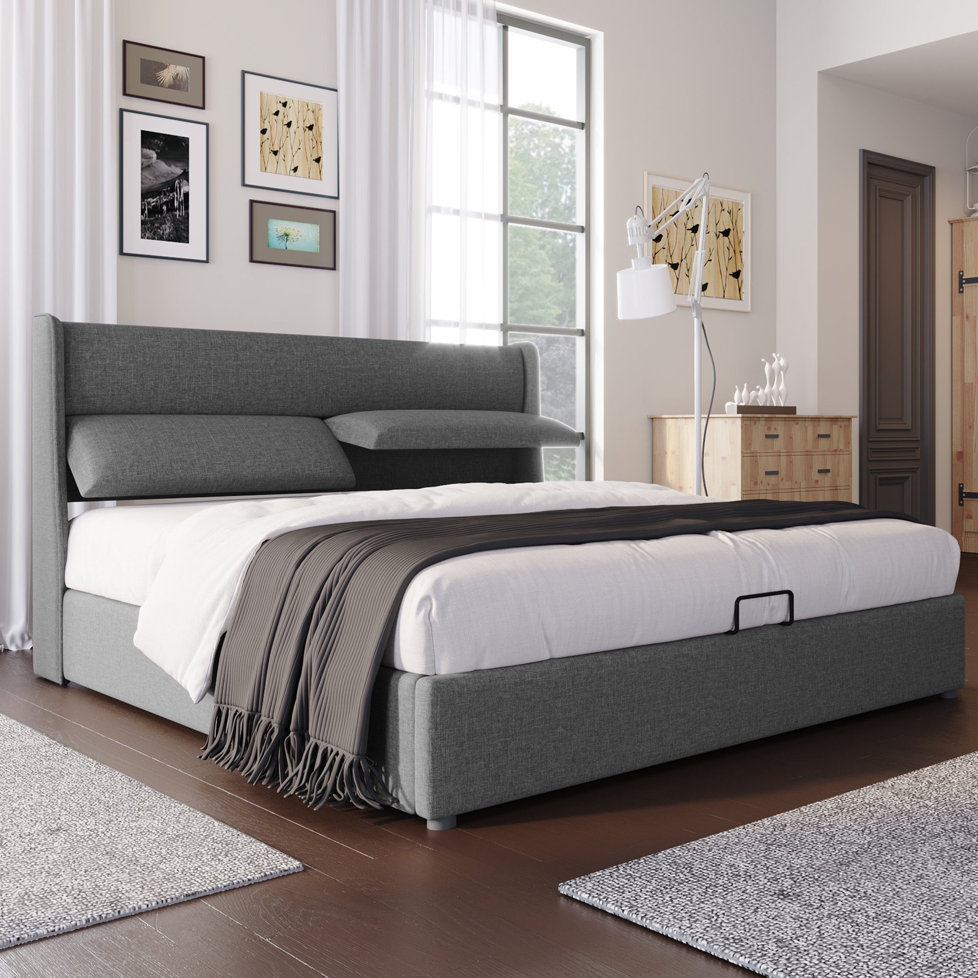 Boxspringbett (Polsterbett mit Verstellbare Kopfstützen, Lattenrost und Bettkasten), Stauraumbett Hydraulisches Bett 140 x 200 cm, Bezug aus Leinen