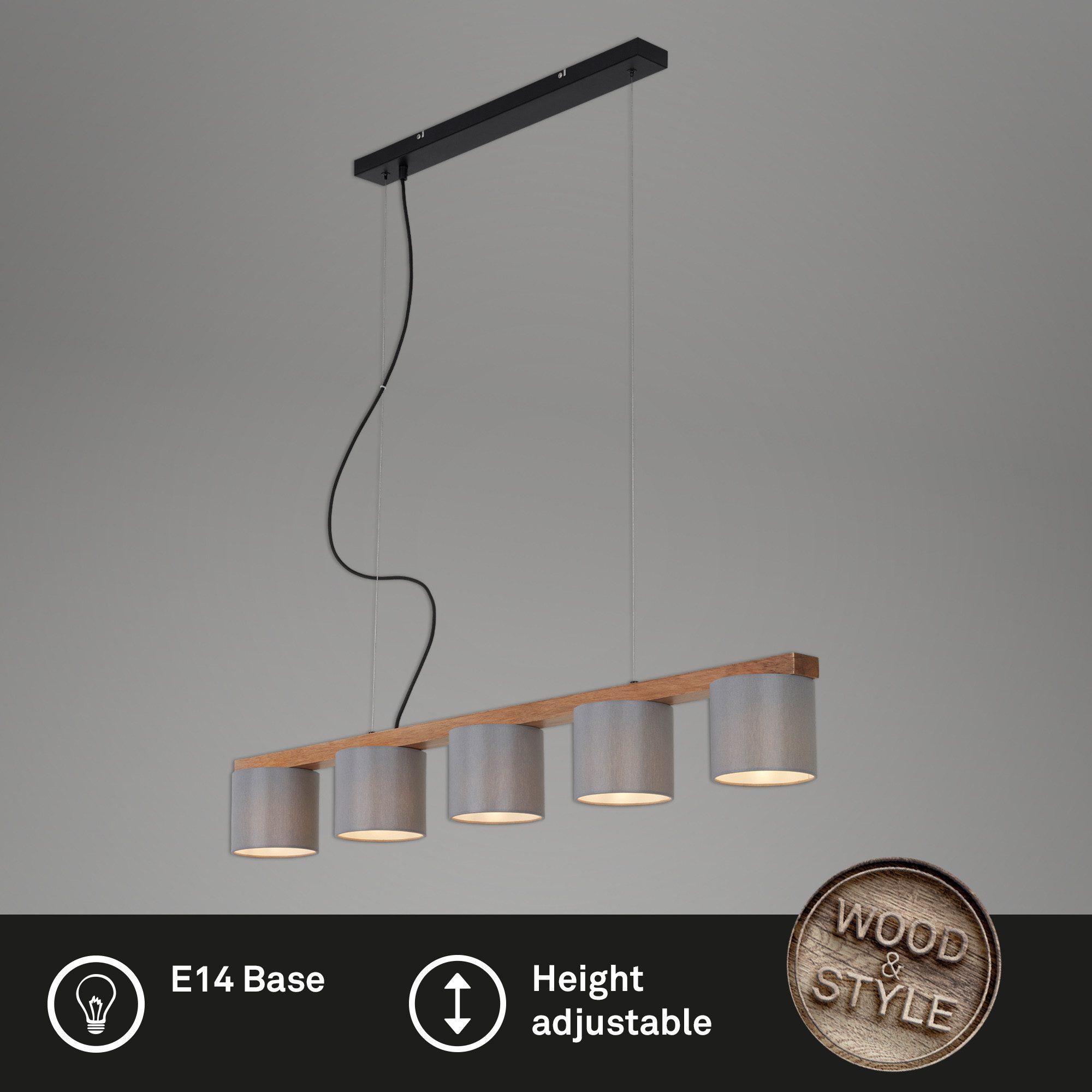 B.K.Licht LED Pendelleuchte dimmbar Hängeleuchte 85cm höhenverstellbar 95-175cm silber - BKL1001, E14, ohne Leuchtmittel, Warmweiß, Pendellampe, Stoffschirm, höhenverstellbar, grau, aus Metall und Holz