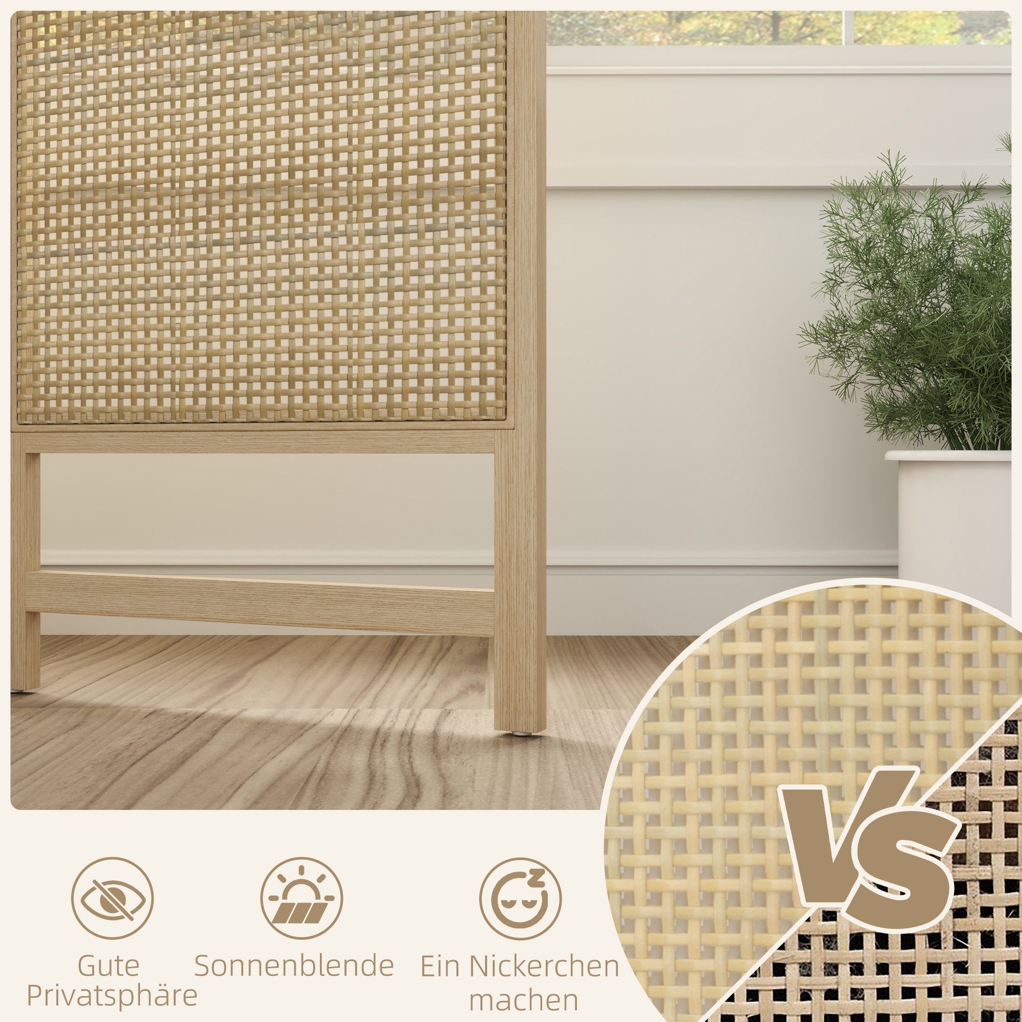 HOMCOM Paravent 3-teilig 135x180cm aus PP Rattan, Faltbar Raumtrenner Sichtschutz (Raumteiler, 1 St., Trennwand), für Wohnzimmer, Schlafzimmer, Naturholz – Bild 5 von 5