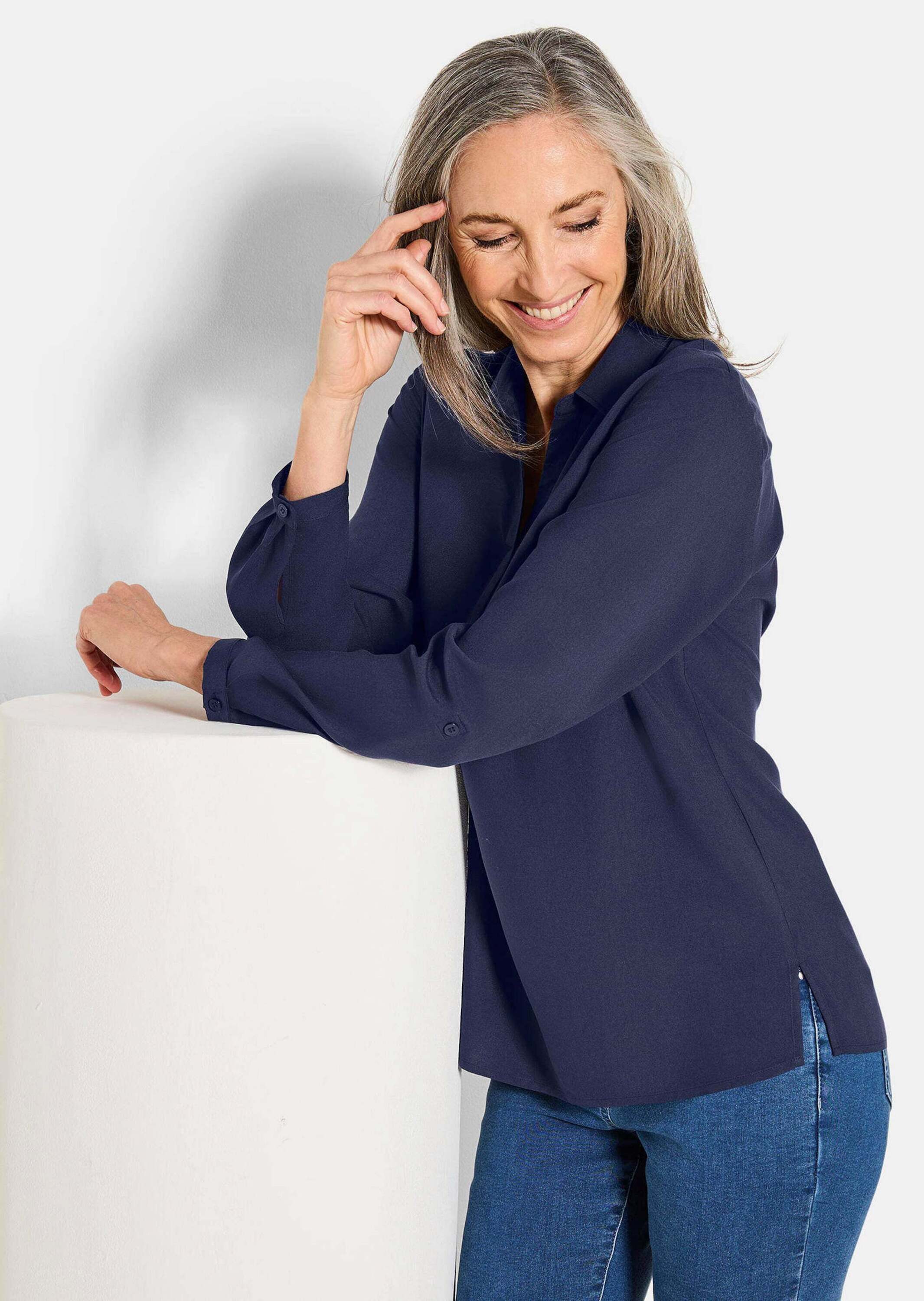 GOLDNER Klassische Bluse Zeitlose Viskosebluse mit Hemdkragen Fließende Hemdbluse mit Schlitzblende und Langarm