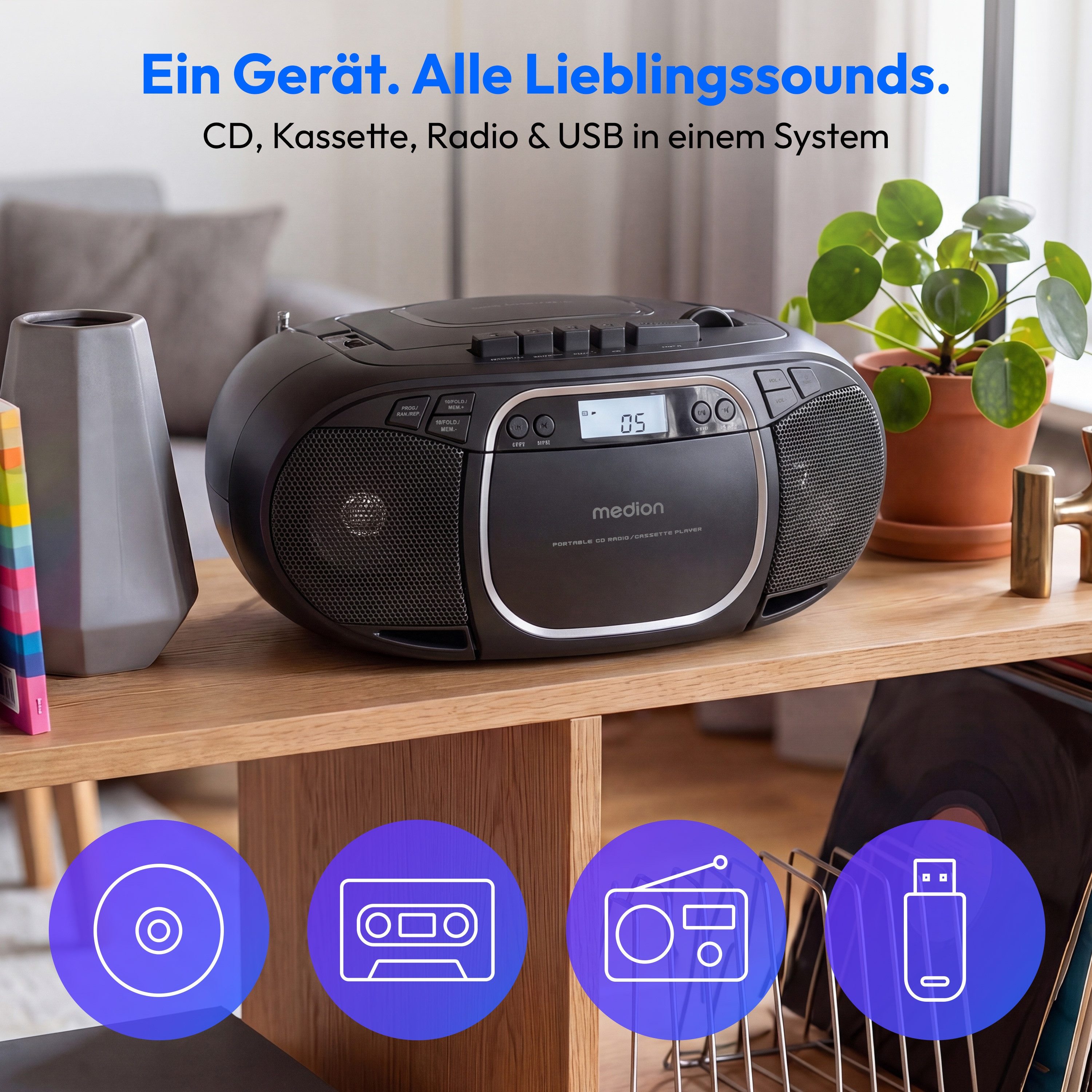 Medion® Kassetten Player (An/Aus Anzeige, Audiokassetten, AUX-Eingang, Batteriebetrieben, CD-Player, CD-R-Wiedergabe, CD-RW-Wiedergabe, FM-Radio, Digitalanzeige, Kassettenwiedergabe, USB, Tragbar, Stereo, Radio, MP3 CD-Wiedergabe, On/Off Switch, MW/UKW Radio, Netzbetrieben, Lautstärkeregelung, 2x 20W max., LC-Display, 30 Senderspeichern, USB)