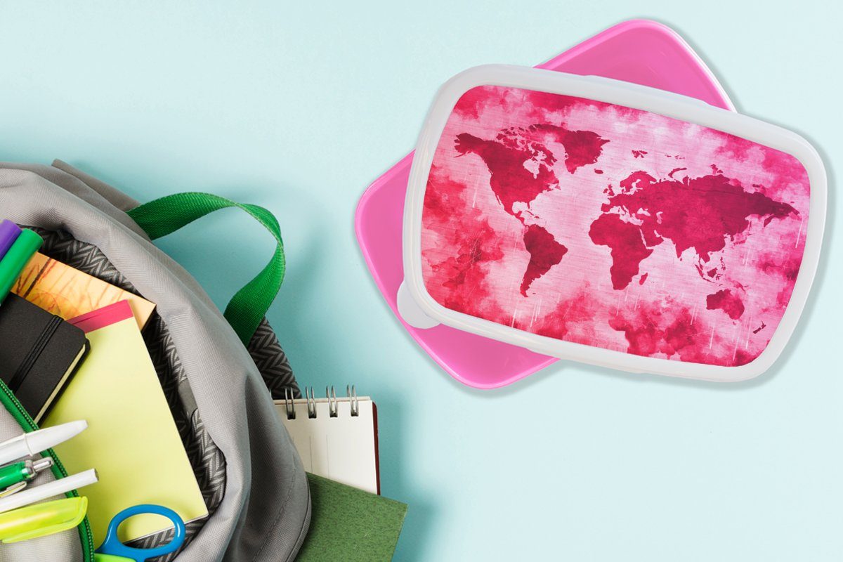 Rot - Brotdose Rosa, - (2-tlg), Kinder, Weltkarte Brotbox Kunststoff, MuchoWow Erwachsene, Lunchbox Snackbox, für Kunststoff Mädchen,