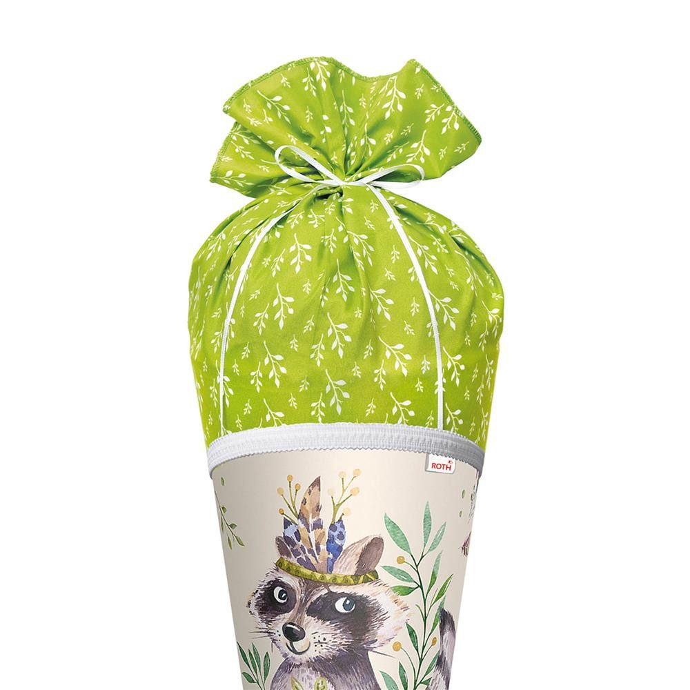 Roth Schultüte Lieblingsstück Willi Waschbär, 70cm, runde Stoff Zuckertüte, Waschbärmotiv, Stoffverschluss, weiße Borte, ROT(H)-Spitze, Schulstart