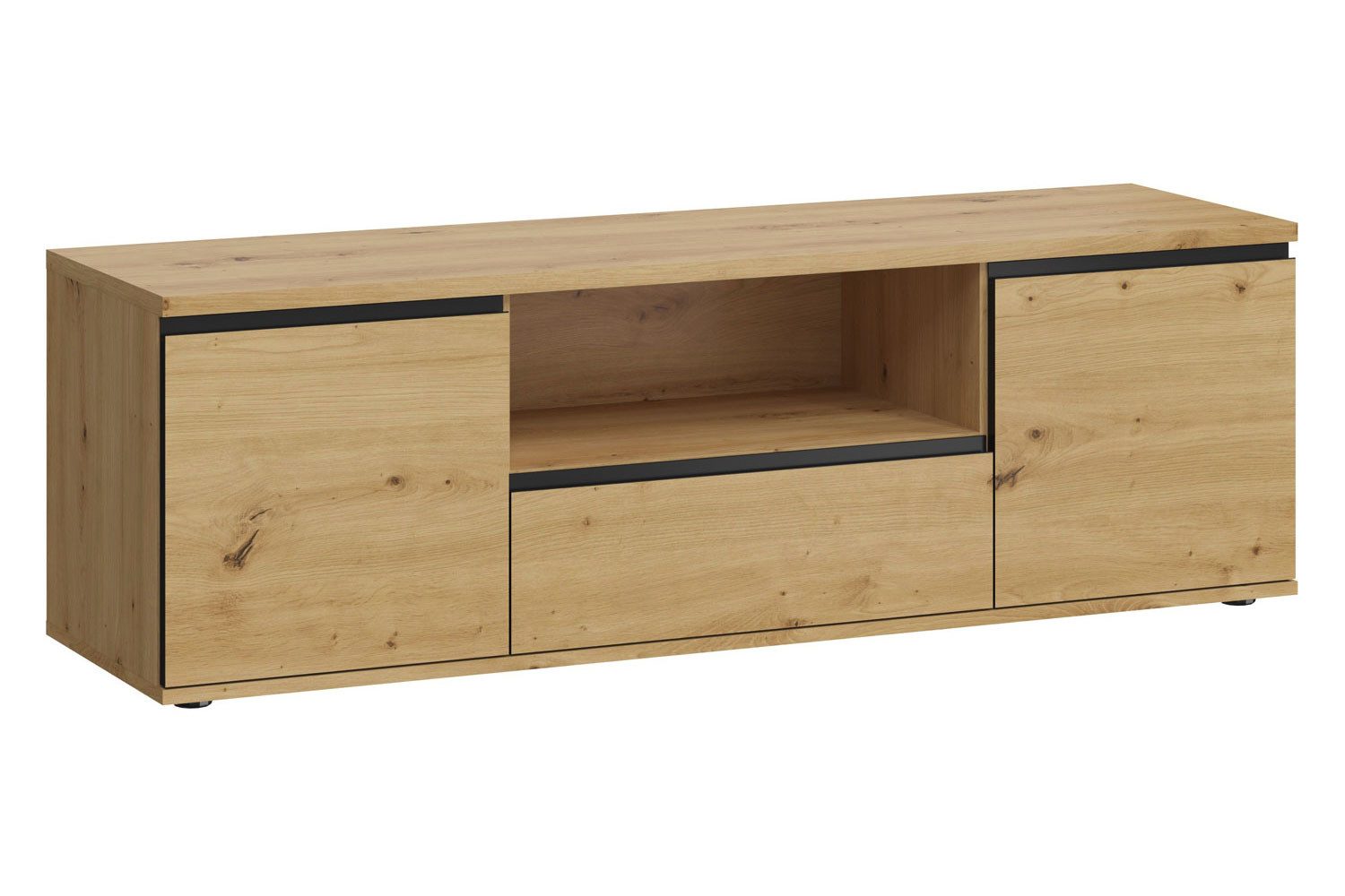 Feldmann-Wohnen Lowboard Naxos (2 Türen, 1 Schublade, 1 offenes Fach, 1 St., moderne Holzoptik, Griffmulden), 141,2x40x45,9cm Eiche Artisan / schwarz matt