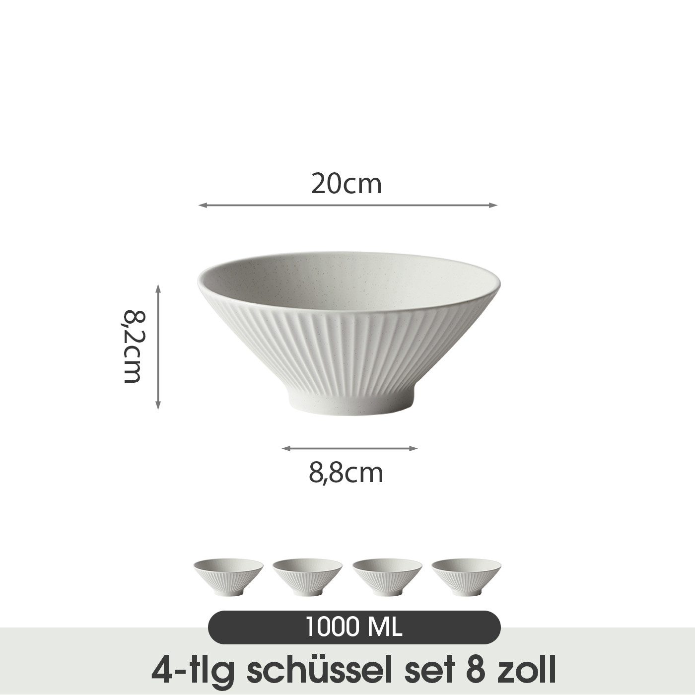 JIWOO Schüssel 4er Ø20cm, Japanische Ramenschüssel Suppenschüssel bowl Pastaschüssel, Keramik, (Schüsselset, 4-tlg), Bowl Hochwertiges Schüsseln Grau Schüssel Mikrowellenofen Spülmaschine