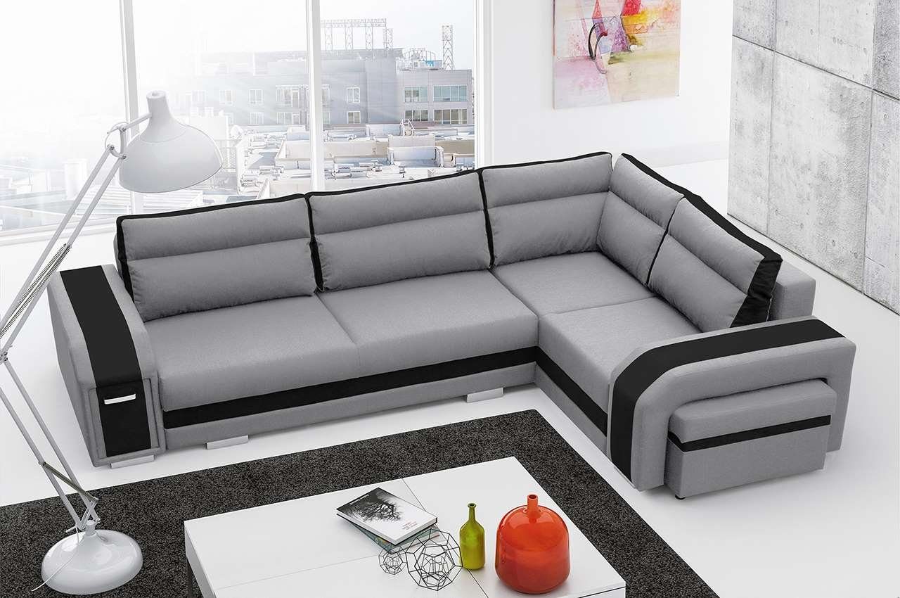 MKS MÖBEL Ecksofa NASSAN, mit Hocker und Minibar - L-Form Couch mit Schlaffunktion Hellgrau-schwarz Inari