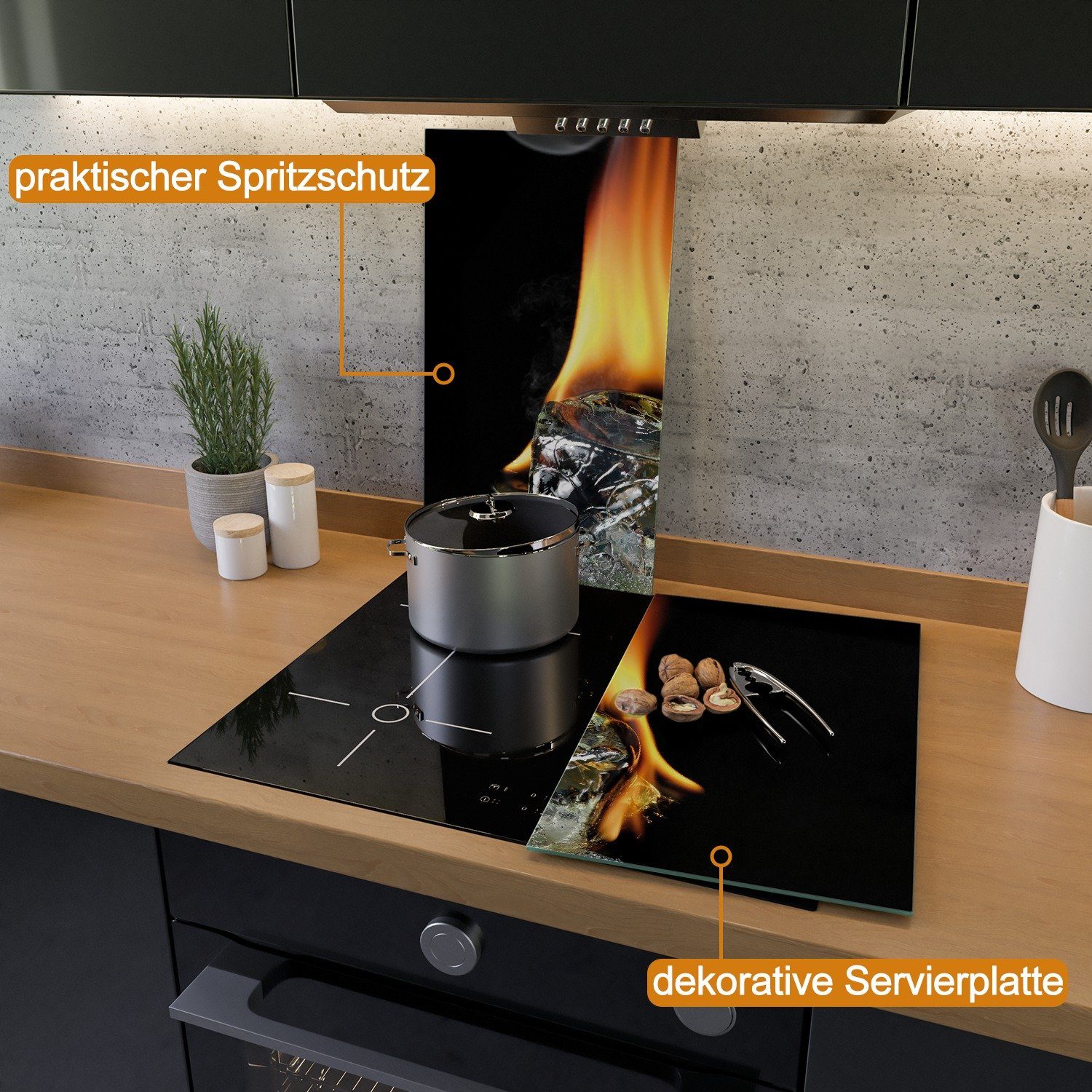 Wallario Herd-Abdeckplatte Brennender Eiswürfel, ESG-Sicherheitsglas, (Glasplatte, 2 tlg., inkl. 5mm Noppen), verschiedene Größen