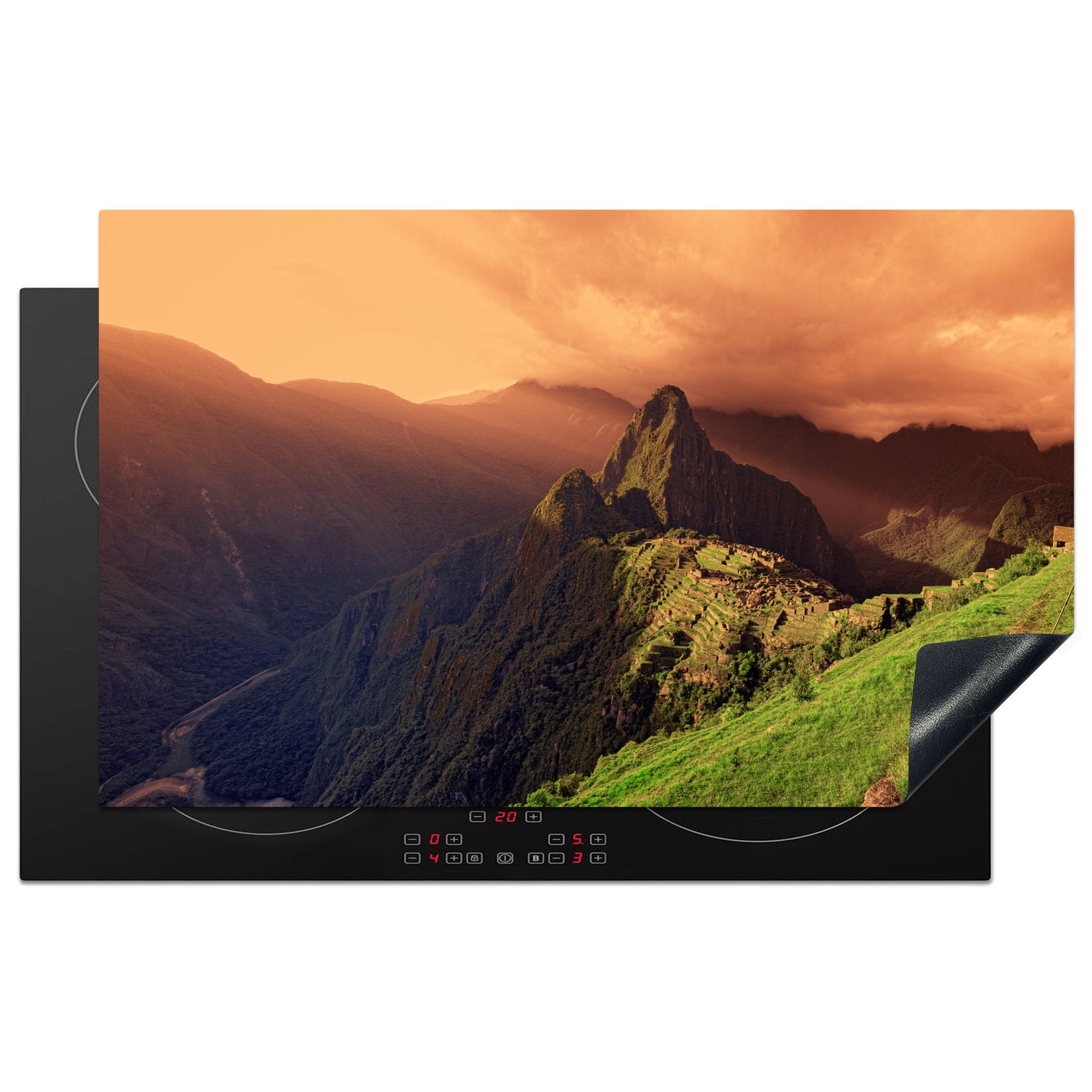 MuchoWow Herdblende-/Abdeckplatte Sonnenuntergang am Machu Picchu in Peru, Vinyl, (1 tlg), 83x51 cm, Ceranfeldabdeckung, Arbeitsplatte für küche