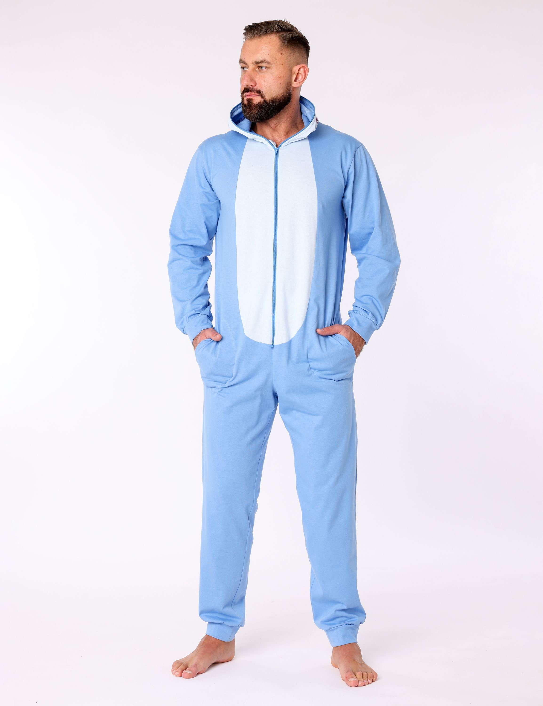 Ladeheid Schlafanzug Herren Schlafoverall ohne Hai Kapuze Blau mit Baumwolle aus Jumpsuit LA40-235