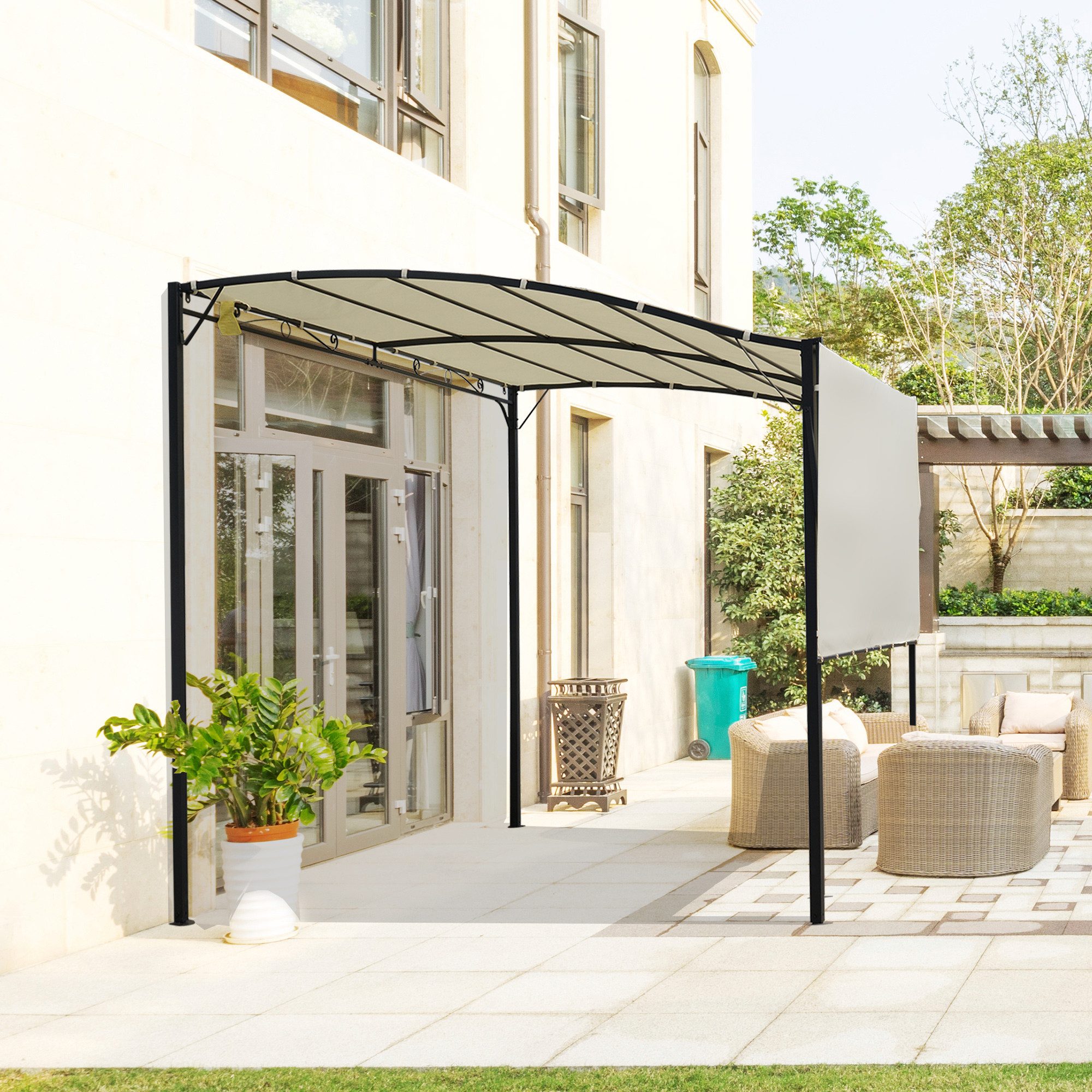 Outsunny Pavillon Pergola 3x2,5m Stahl Sonnenschutz mit verstellbares Dach, mit 0 Seitenteilen, (Set, inkl. Zubehör), Klappdach, Wandmontage möglich, Abflussöffnungen