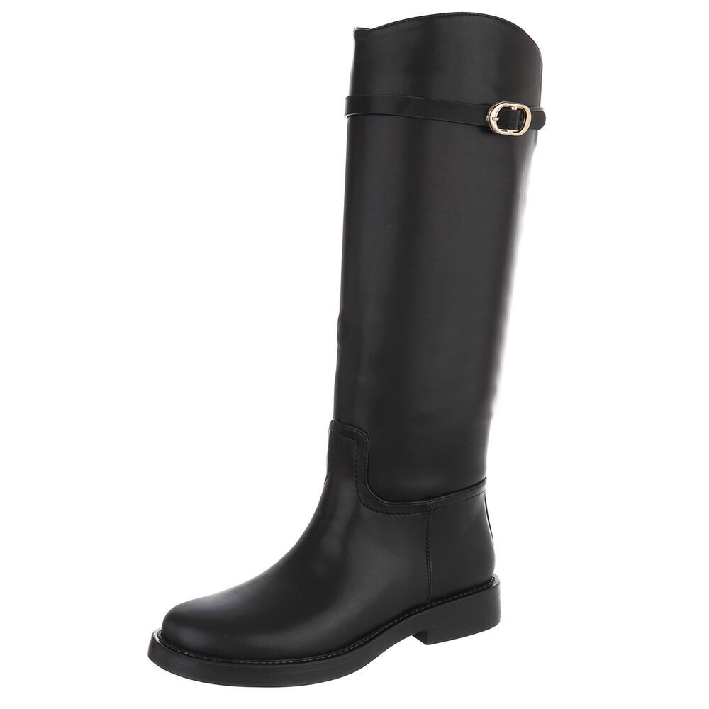 Ital-Design Damen Langschaftstiefel Reitstiefel-Optik mit Schnalle Stiefel (92214261) Blockabsatz Flache Stiefel in Schwarz