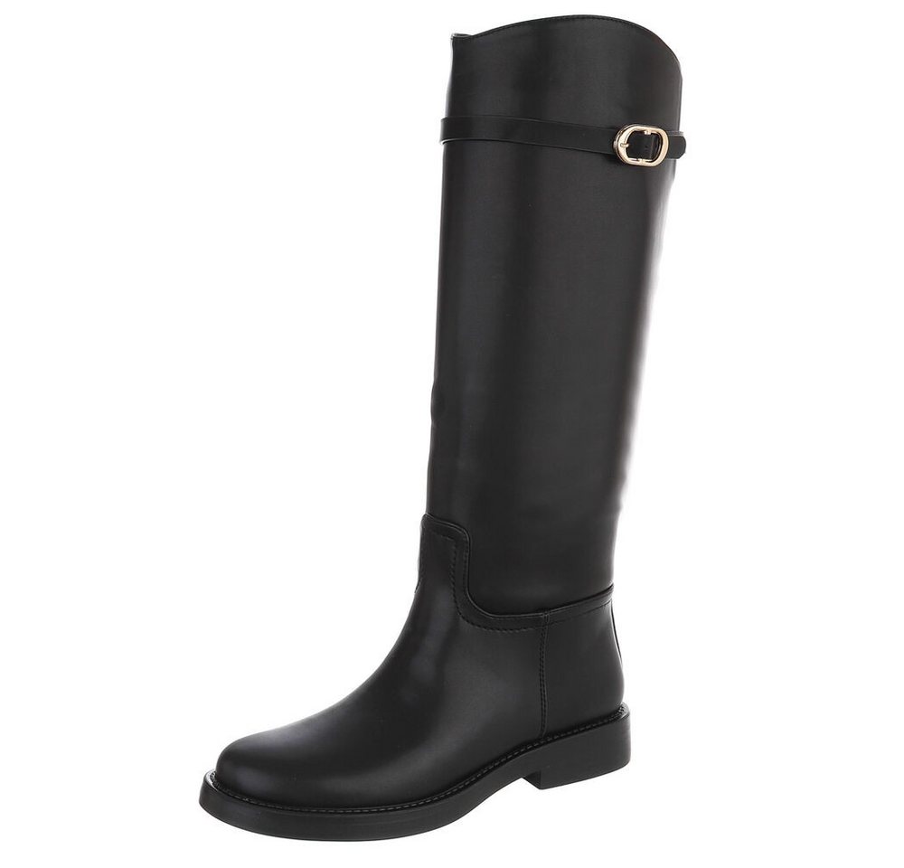 Ital-Design Damen Langschaftstiefel Reitstiefel-Optik mit Schnalle Stiefel (92214264) Blockabsatz Flache Stiefel in Schwarz