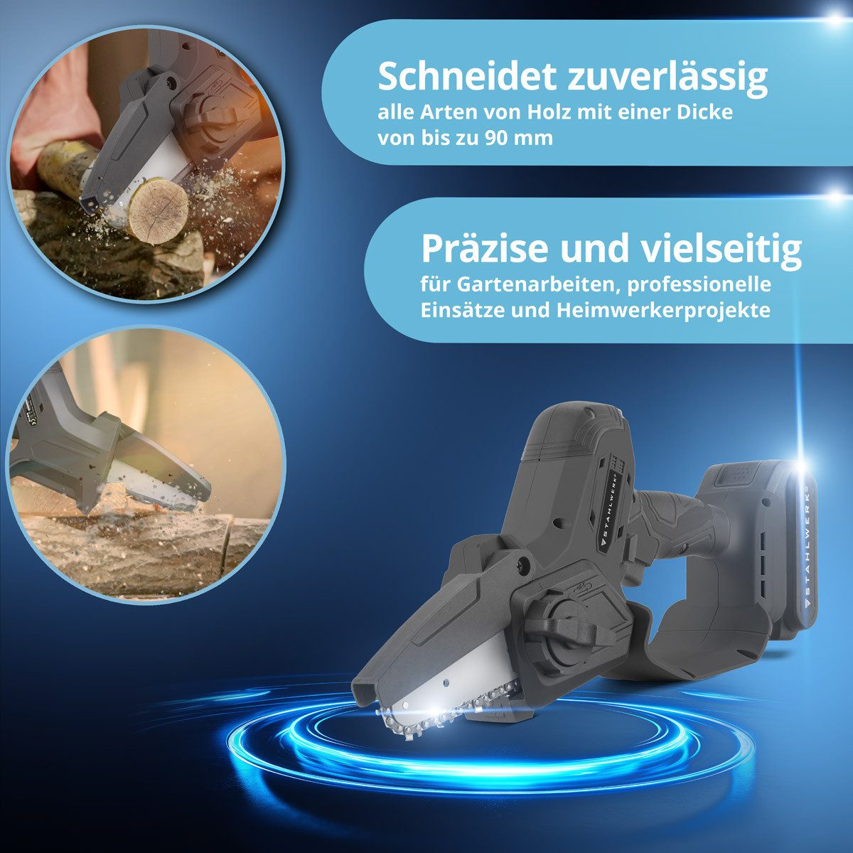 STAHLWERK Akku-Kettensäge Mini Akku Kettensäge Brushless Handkettensäge 4,8 m/s mit 2000mAh