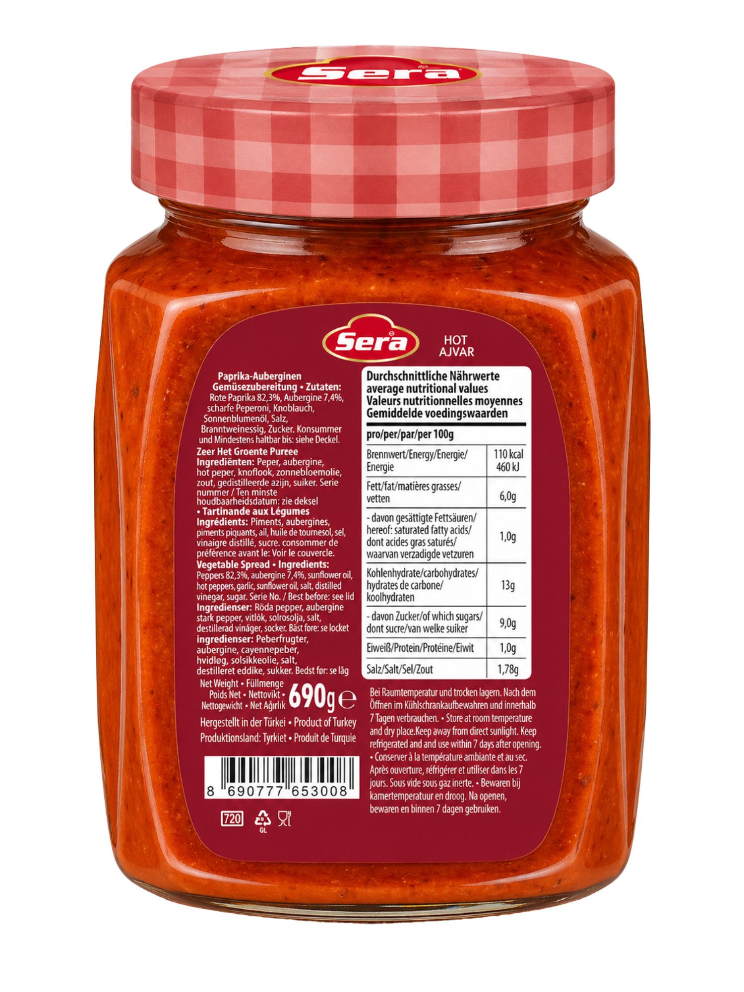 SERA FOOD Saucen Sera Ajvar Mild Paprika Aubergine Aufstrich, 1 x, Vegan, vegetarisch, mild, streichfähig, servierfertig.