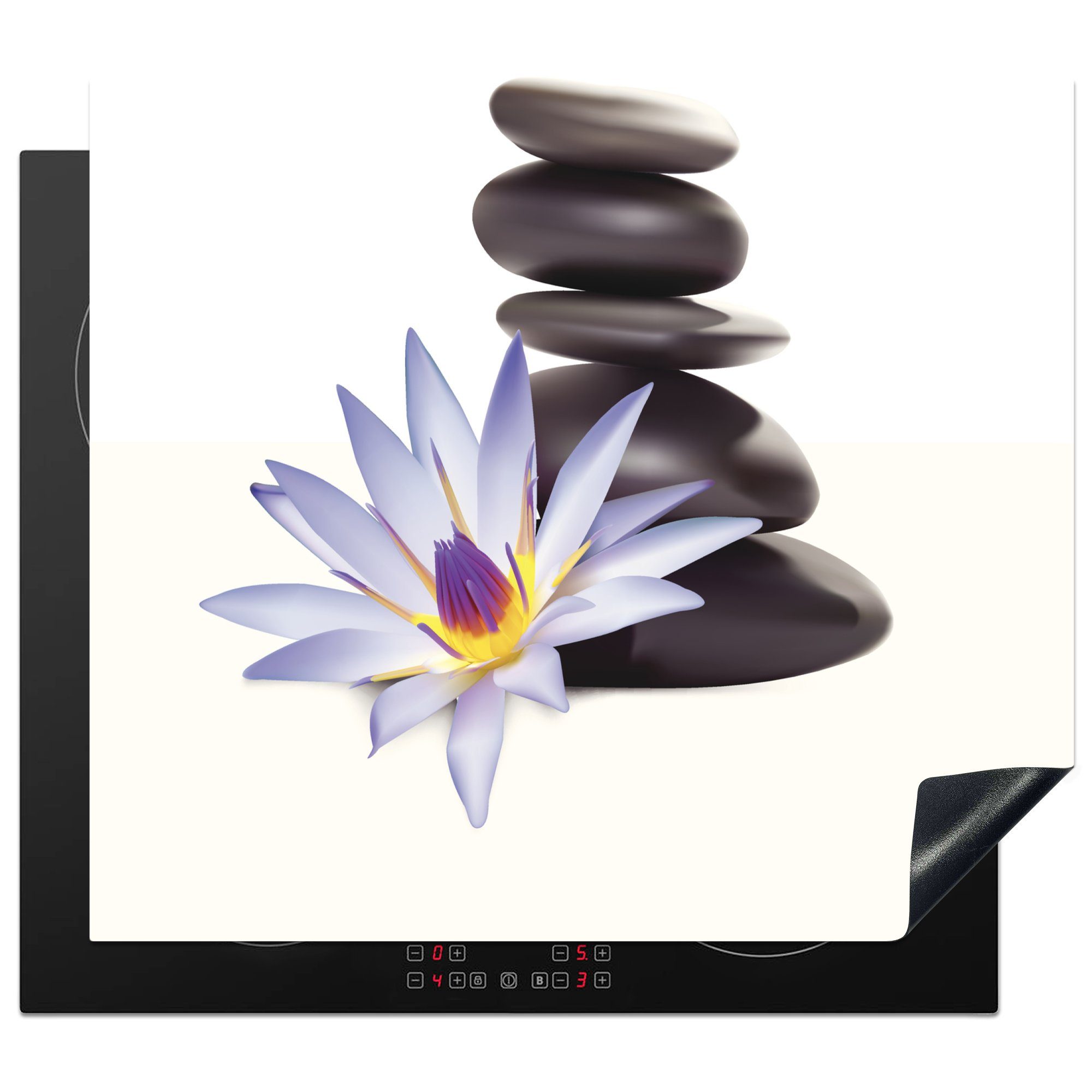 MuchoWow Herdblende-/Abdeckplatte Zen-Steine in der Nähe einer Blume, Vinyl, (1 tlg), 60x52 cm, Mobile Arbeitsfläche nutzbar, Ceranfeldabdeckung