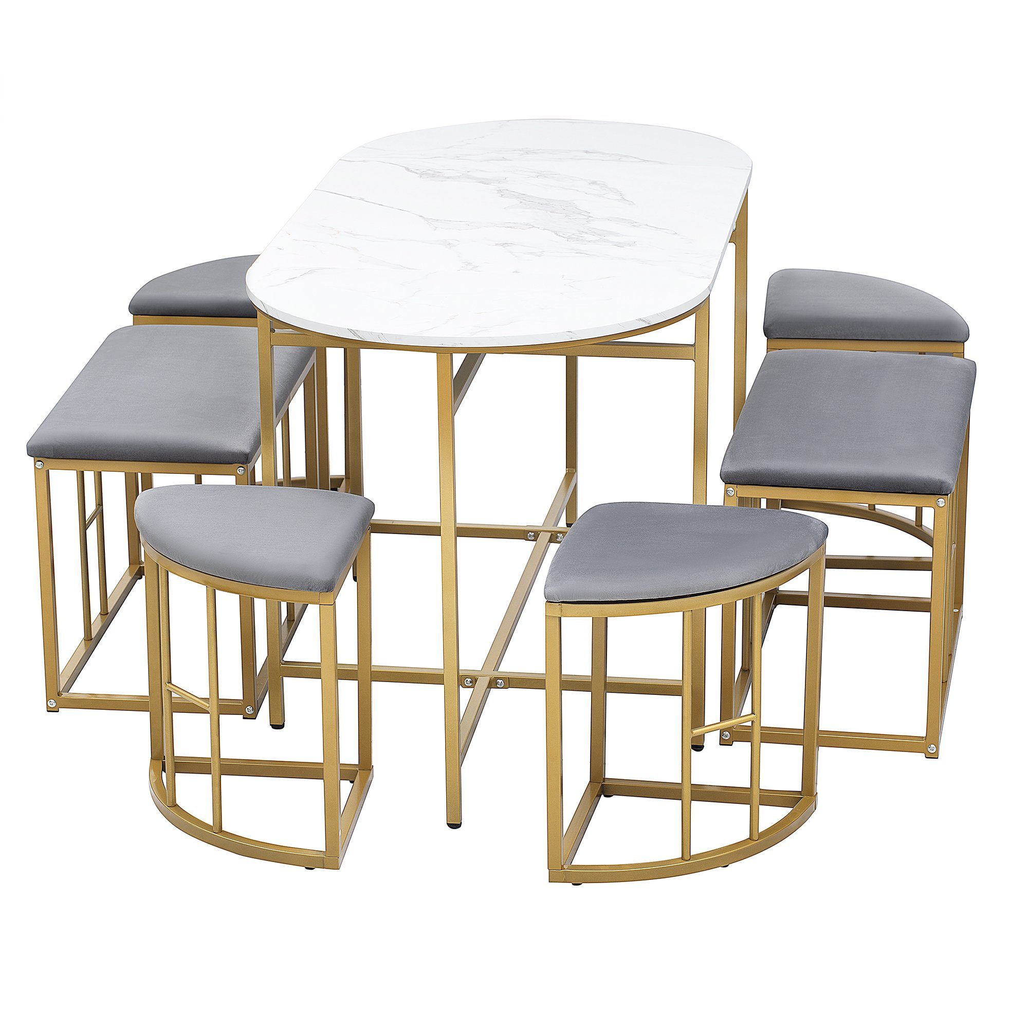 Bänke Sitzgruppe, 4 Marmoroptik, Esstischset, Merax Hocker gepolstertem 2 mit mit Essgruppe (7-tlg), Gold Sitz, und Esszimmergarnitur