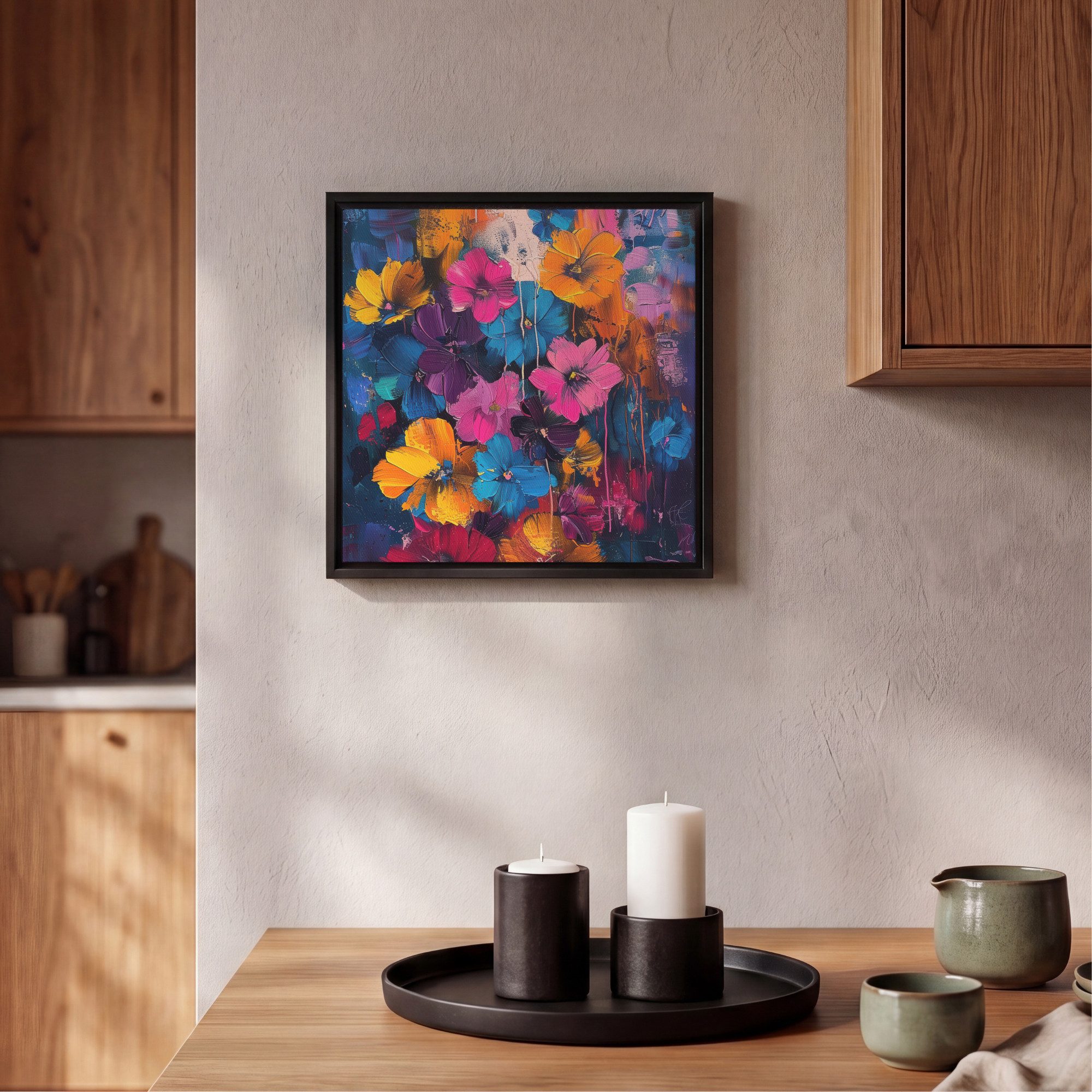 OneMillionCanvasses® Leinwandbild mit Rahmen - Blumen - Bunt - Abstrakt - Modern, Fotodruck (1 St), Leinwand Bilder Klein, Wand Dekoration Aesthetic 20x20cm