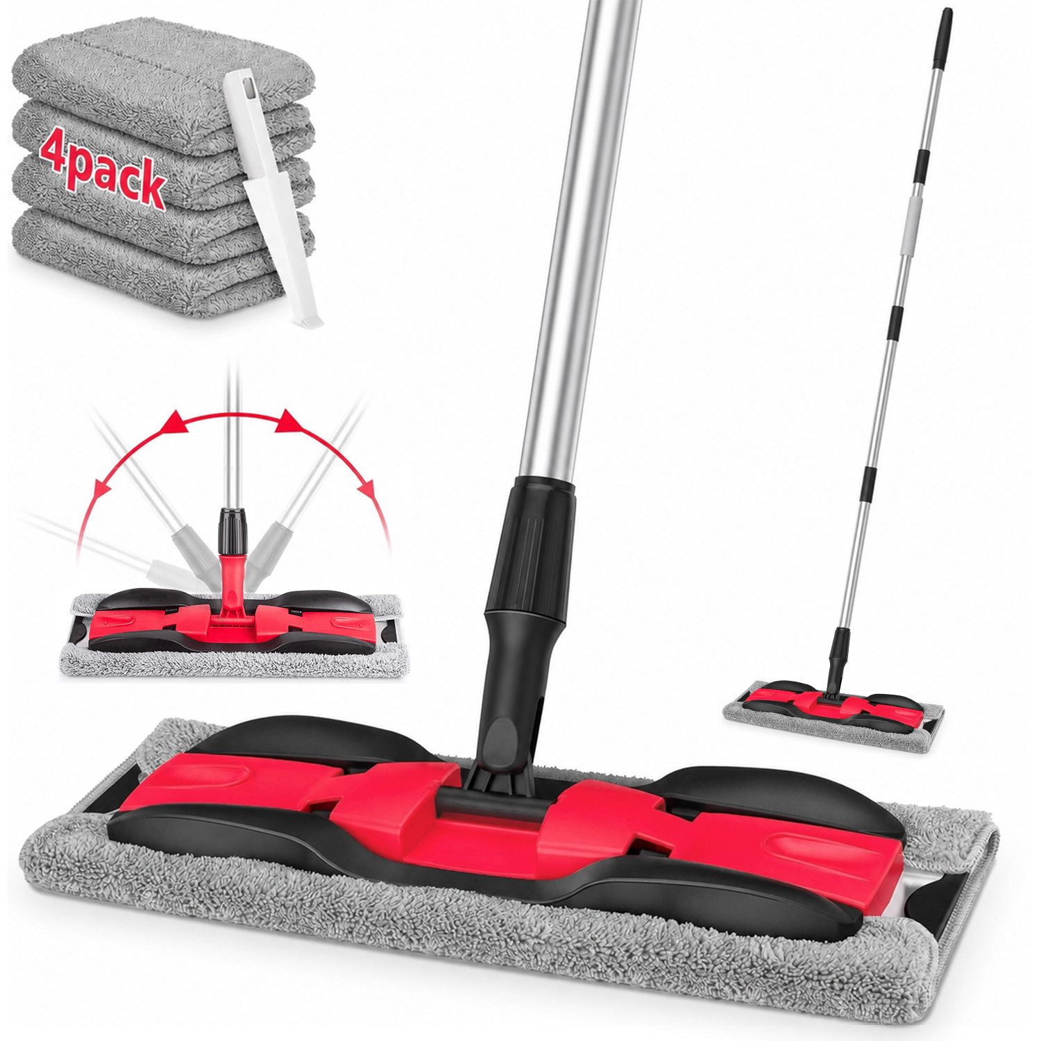 HUGERSTONE Wischmopp Bodenwischer Set mit 150cm langem Teleskopstiel und 4 Mikrofaser-Pads, (360 Grad Drehbar Wischmopp Set), mit Nass und Trocken Wischmop Ersatzbezug, für alle Glatten Böden
