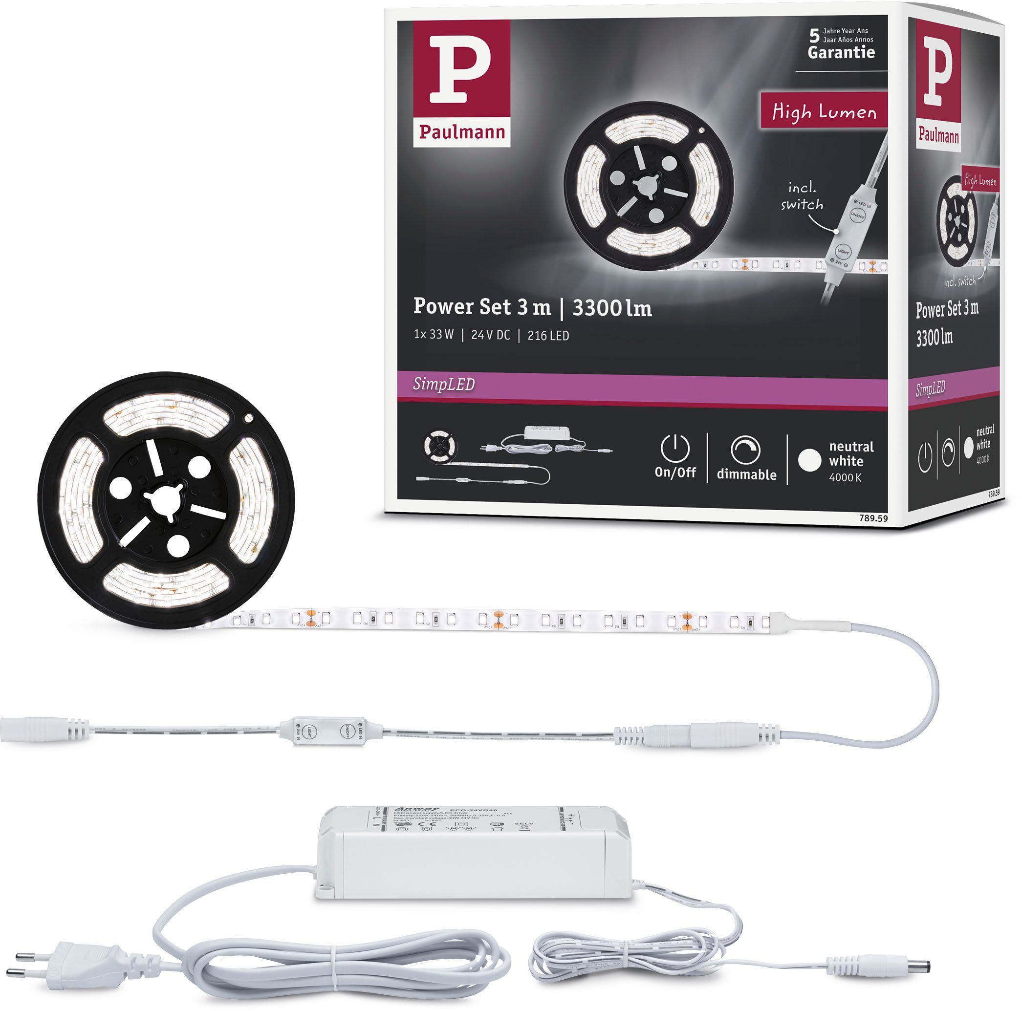 LED-Streifen SimpLED Power Strip Set inkl. Dimm/Switch 3m Neutralweiß 33W