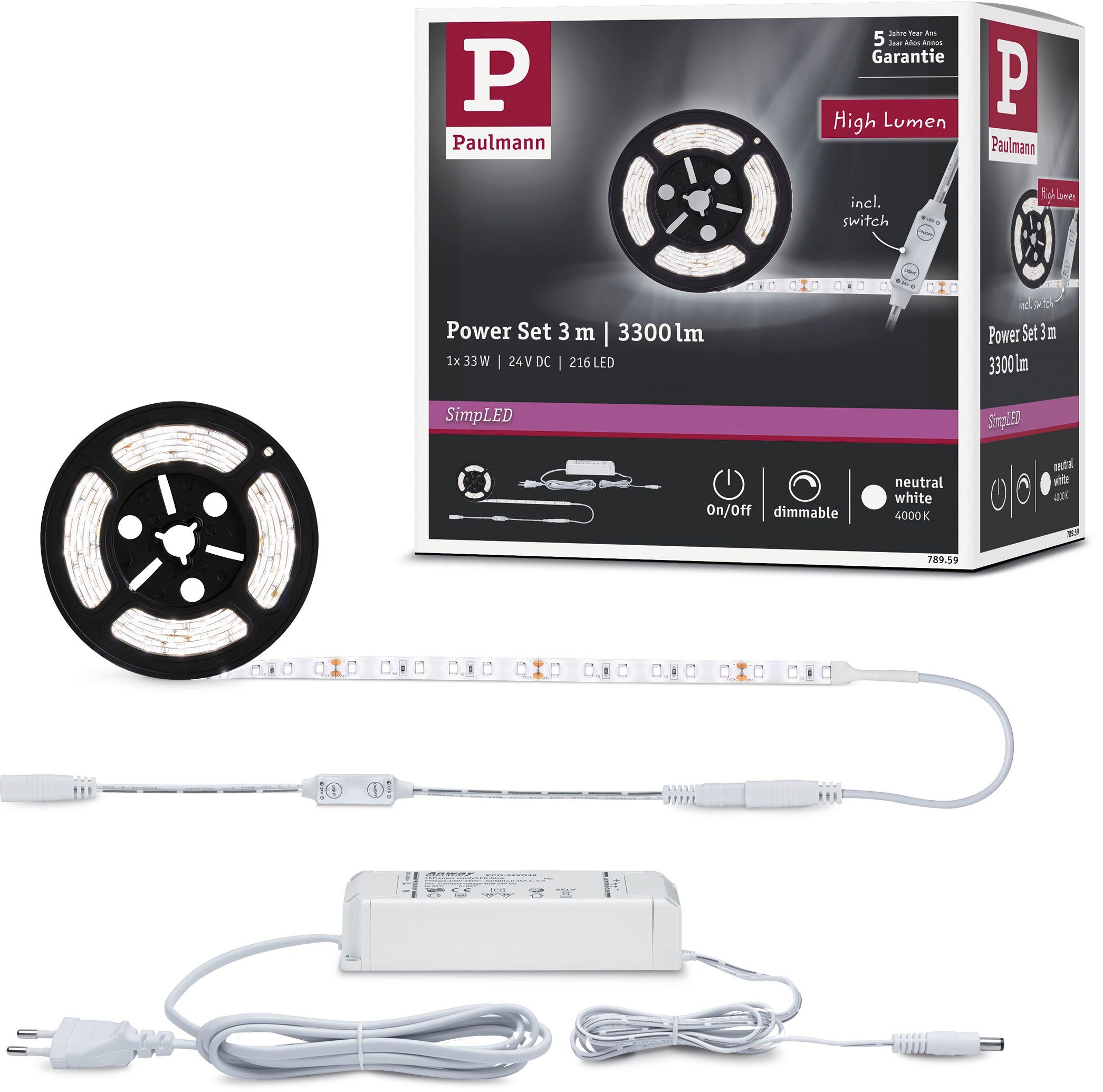 Kostenloser Versand bundesweit Paulmann LED-Streifen SimpLED Power Neutralweiß beschichtet 33W, 33W, Set inkl. 1-flammig, Strip 3m Dimm/Switch