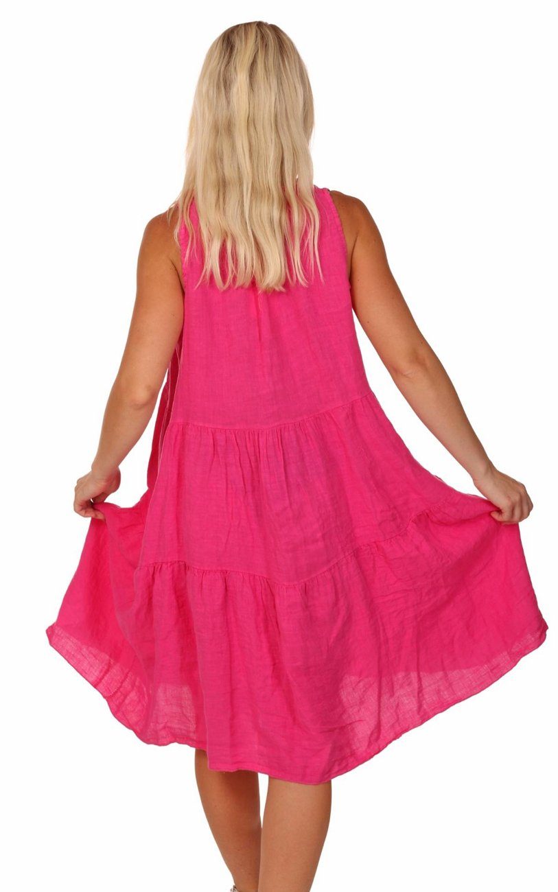 Charis Sommerkleid Moda Leinenkleid Stehkragen mit Pink ärmellos