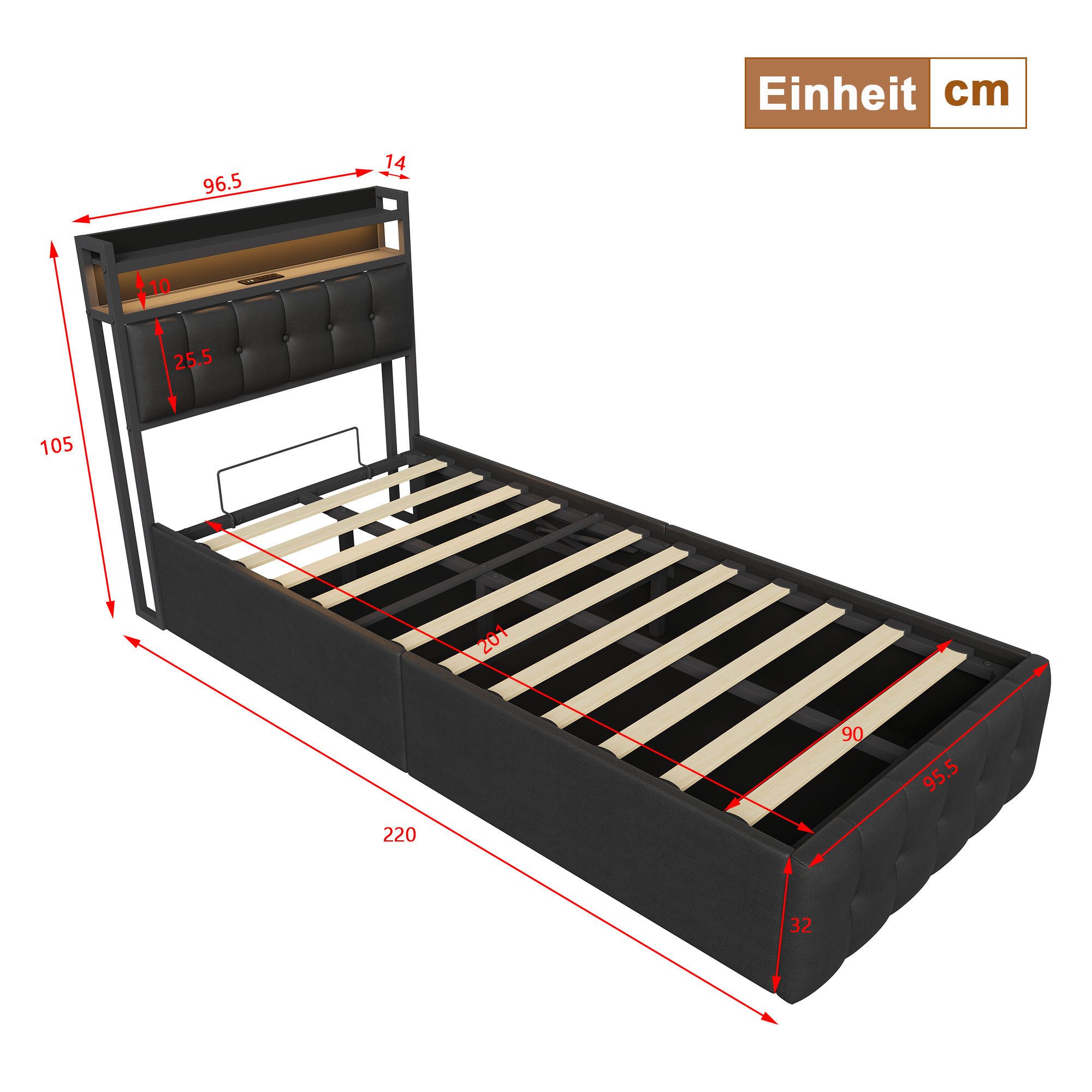 Simurq Stauraumbett Polsterbett 90x200 mit Stauraum, Einzelbett mit Gasdruckfeder (RGB LED, USB & Type-C Anschluss, Stauraum-Kopfteil), Stauraumbett, Bett mit B – Bild 5 von 5