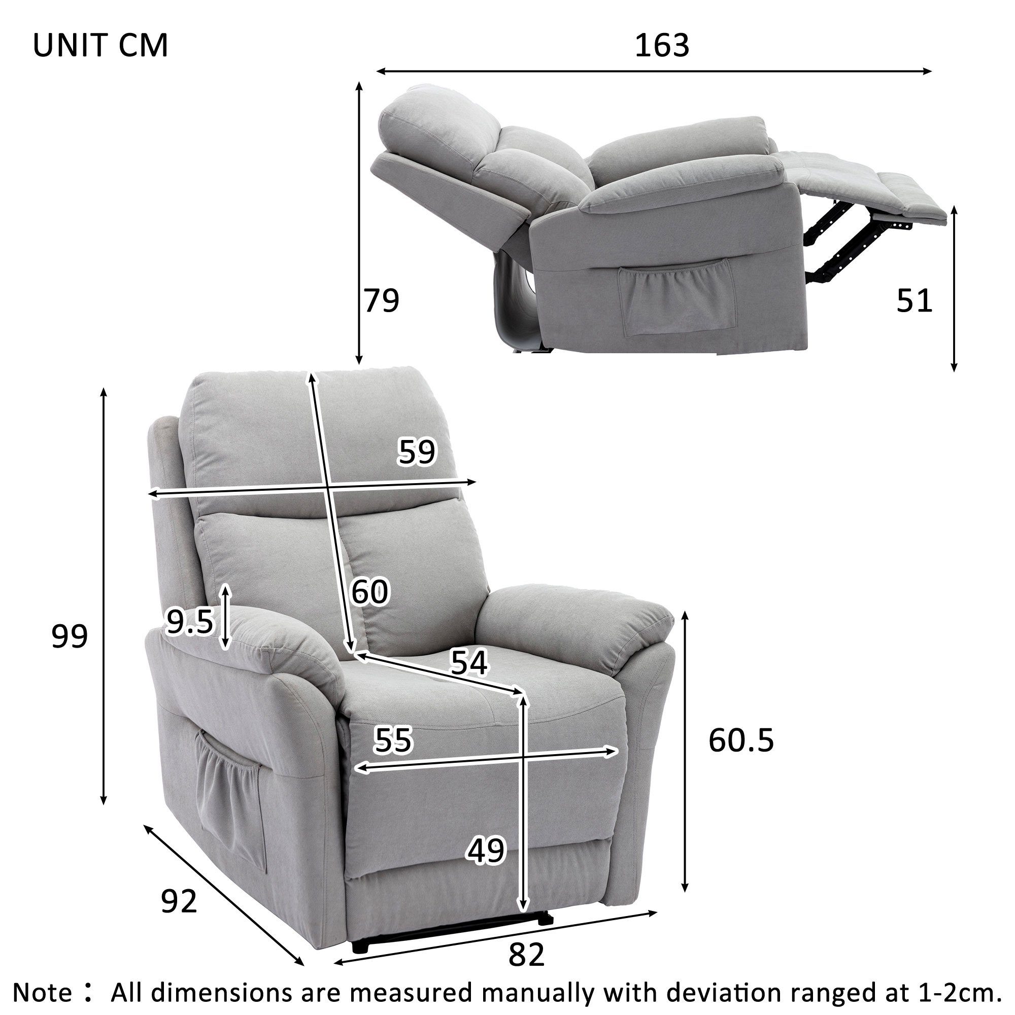 Merax TV-Sessel, mit Liegefunktion, Stoffbezug, mit verstellbar Relaxsessel Fernsehsessel Grau