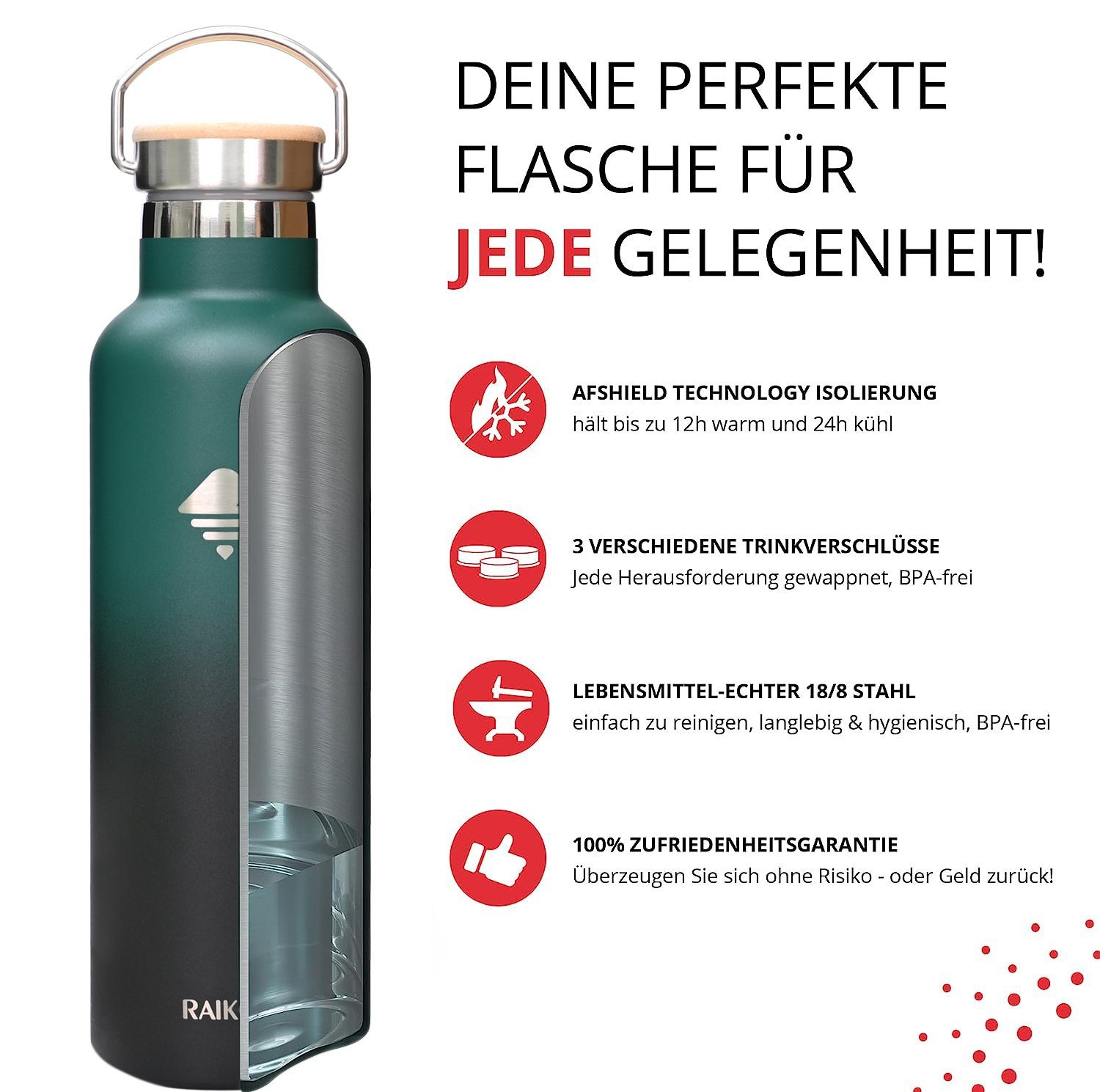 RAIKOU Isolierflasche Edelstahl Trinkflasche / zu Thermoflasche, Wasserflasche Deckel,350ml/500ml/750ml/1000ml heiß kalt,mit Waldgrün 2 24H 12H Vakuumisolierte bis