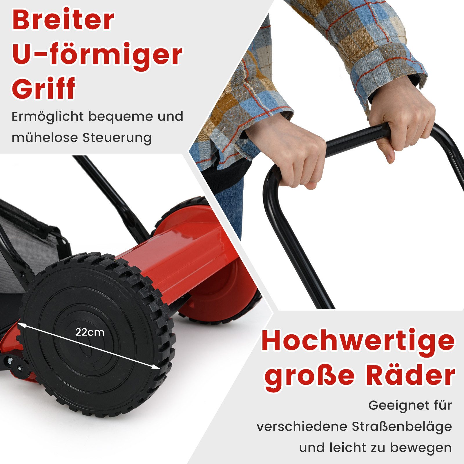 COSTWAY reel mower, walk-behind lawn mower, hand lawn mower, with 5 blades