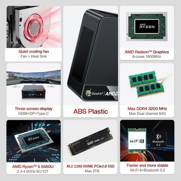 Beelink Mini-PC (AMD Ryzen 5 5560U, Radeon Graphics, 16 GB RAM, 0 GB HDD, 1000 GB SSD, Mini PC Ryzen 5 5560U 4K@60Hz, WiFi 6, BT5.2, HDMI, Type-C)
