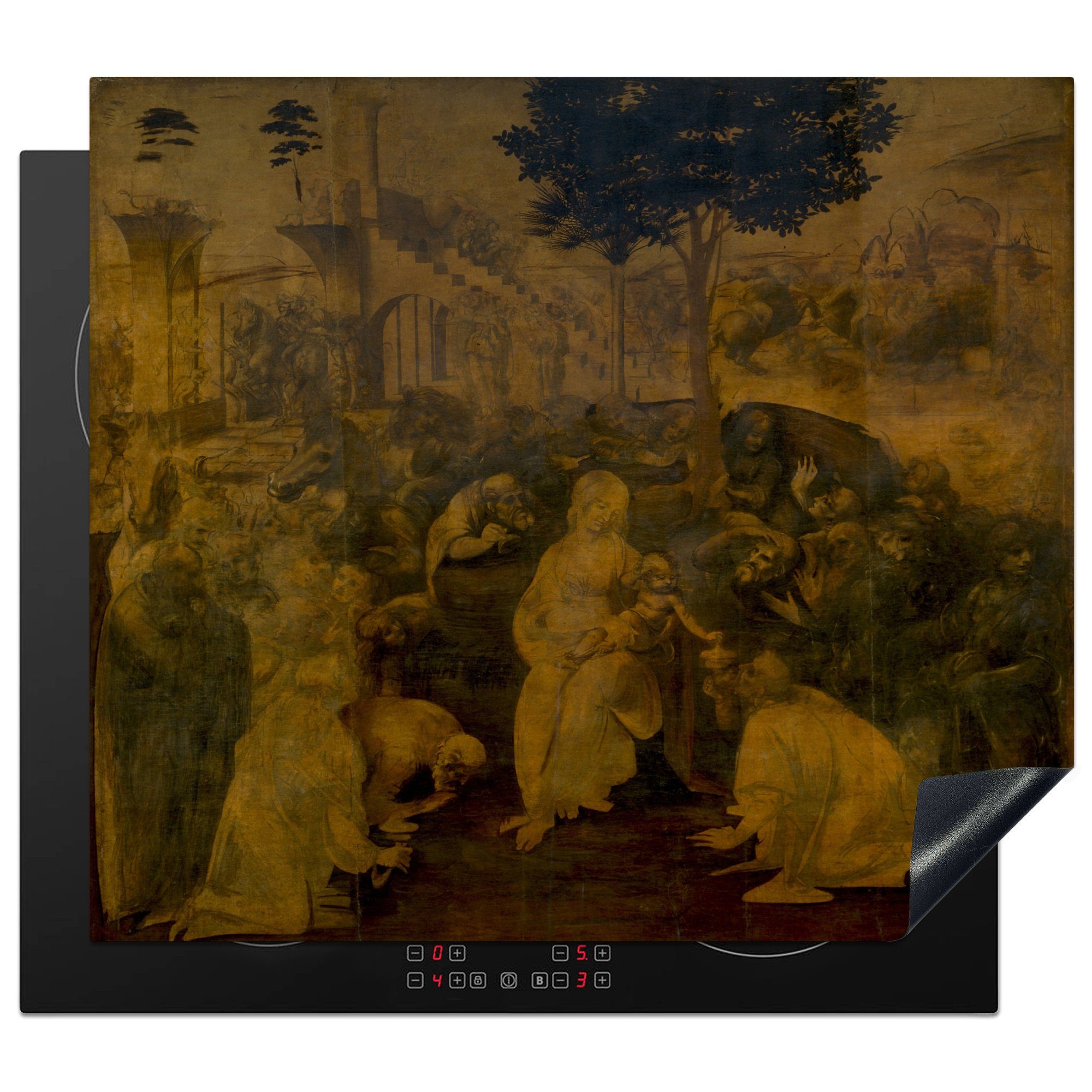 59x52 Herdblende-/Abdeckplatte - Vinyl, küche, der (1 tlg), Vinci, Induktionsmatte für die Könige Leonardo MuchoWow Ceranfeldabdeckung Anbetung cm, da