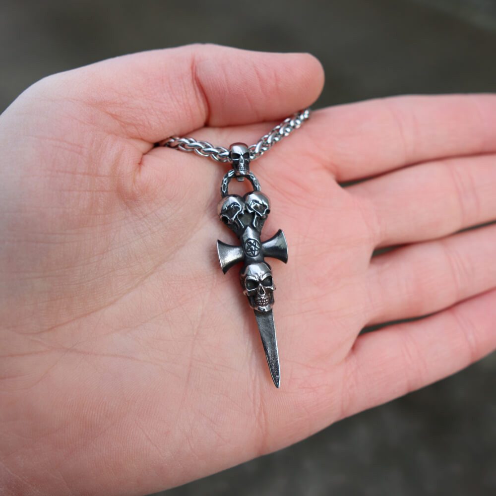 DALMARO Kette mit Anhänger Lederkette Edelstahlkette 316L TODES DOLCH, Herren Halskette Biker / Wikinger Kette - Schmuckbox