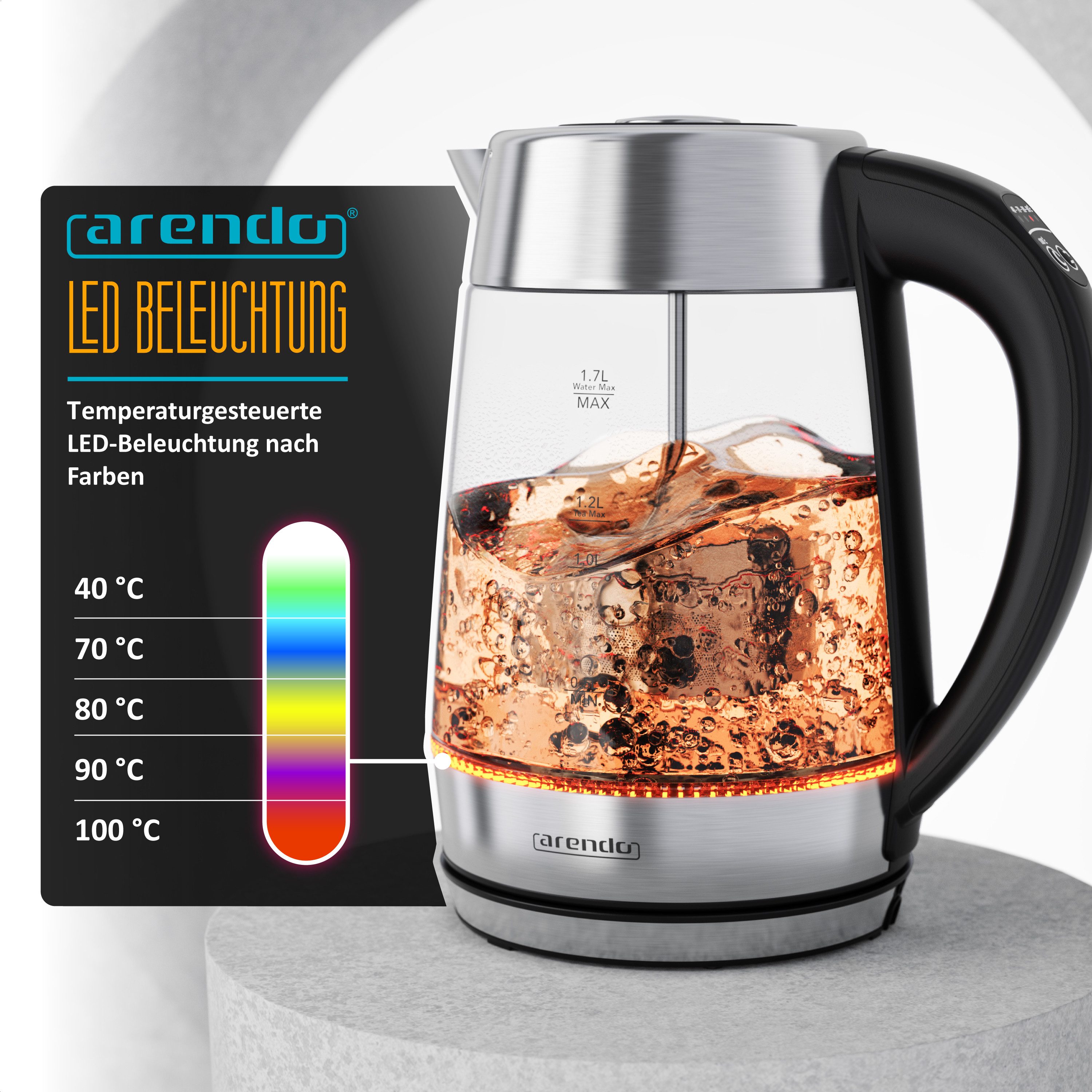 Arendo Wasserkocher Glas & Edelstahl 2in1 Teebereiter mit Teesieb & 5 Temperaturen, Retro, 1.7 l, 2200 W, Teekocher für losen Tee, 5 Stufen 40-100°C, LED-Licht  – Bild 4 von 5