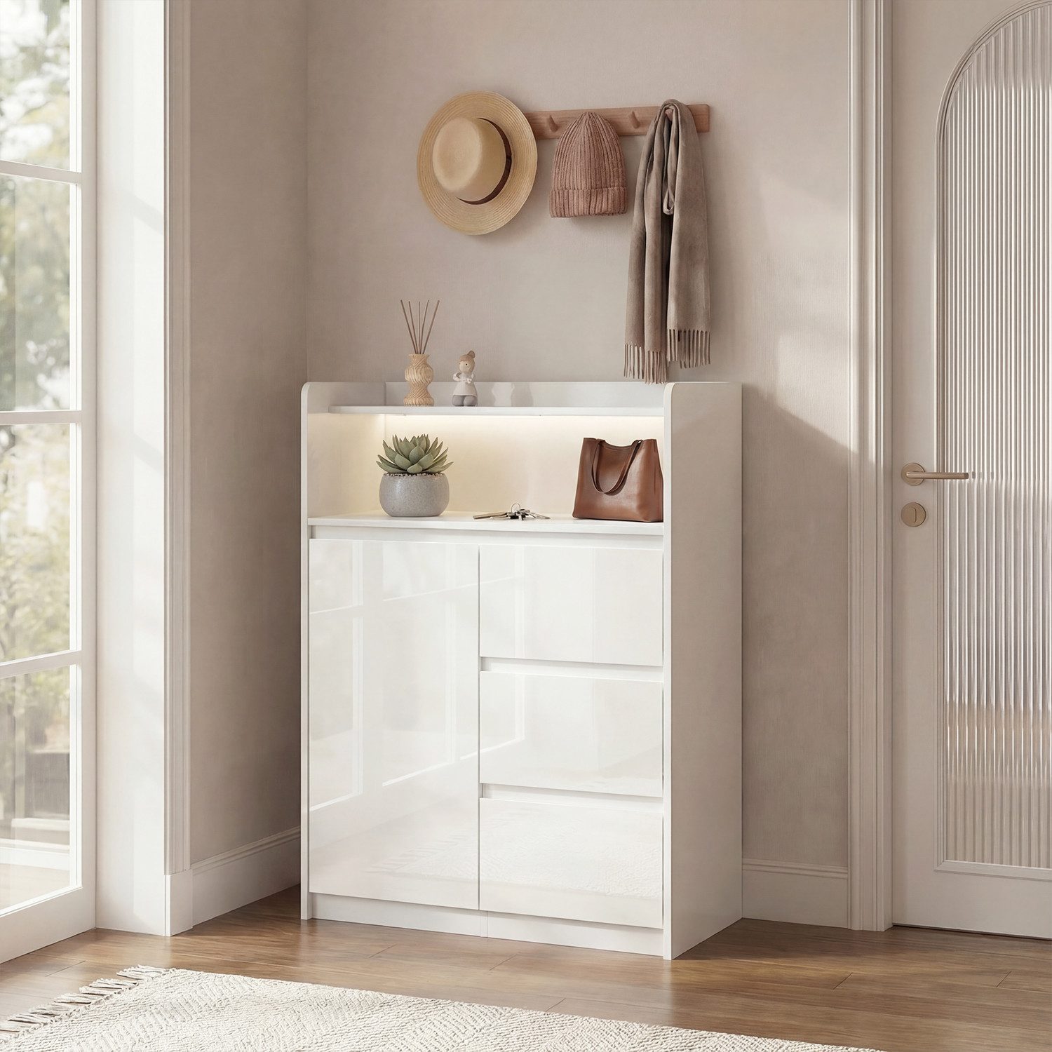 HOMSEE Kommode Weißes Hochglanz Highboard mit LED-Beleuchtung und 3 Schubladen (1 St), 3-farbige LED-Leiste, flexibler Stauraum, 80 x 40 x 110 cm