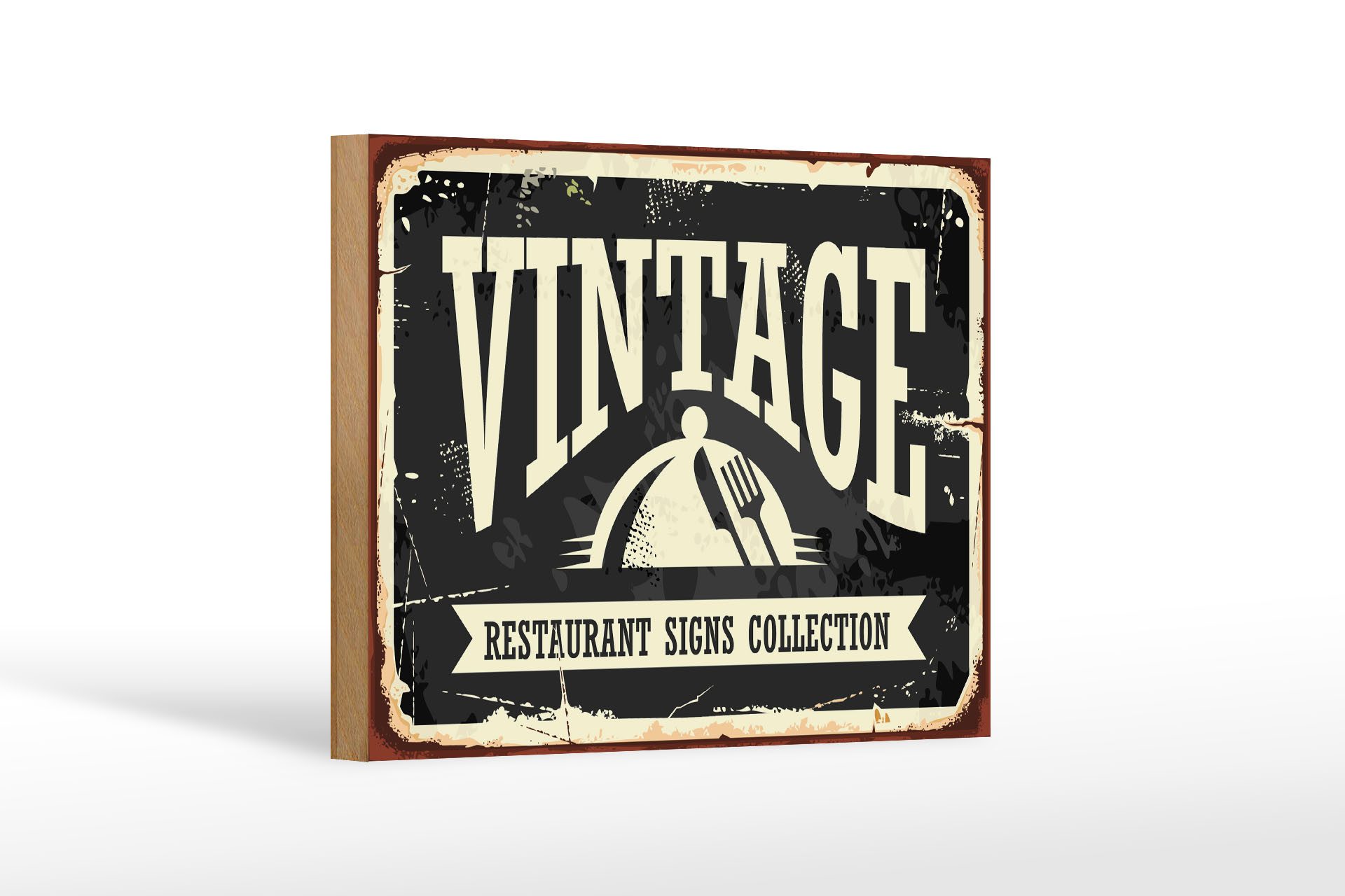 Holzbild Retro 18x12 cm Vintage Restaurant Essen