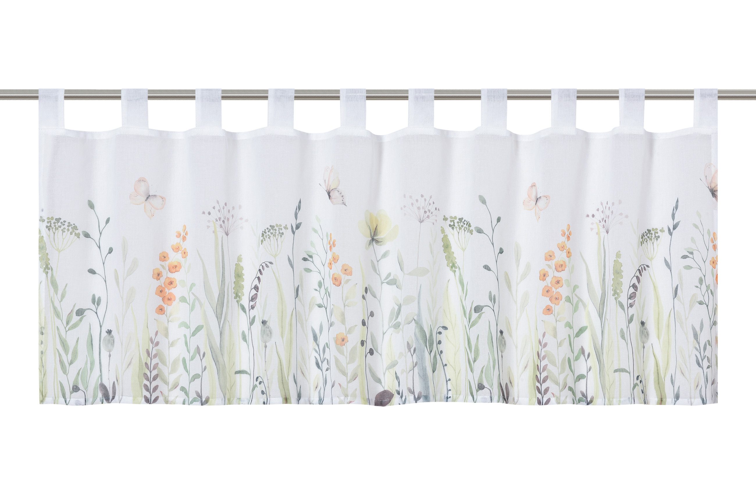 ELBERSDRUCKE Scheibengardine Bistrogardine Summer weiß halbtransparent 45x140cm (1 St), halbtransparent, Kurzgardine mit Schlaufen