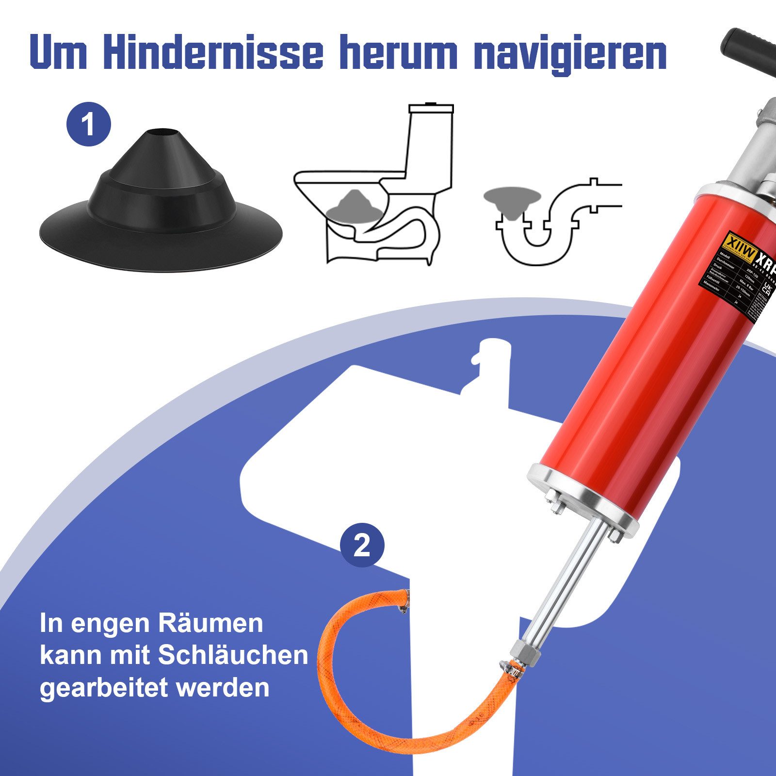 Hochdruck-Rohrreiniger Mit 4 Adaptern & Druckanzeige – Manuelle Abfluss-Pumpe Für Waschbecken, Toilette, Dusche