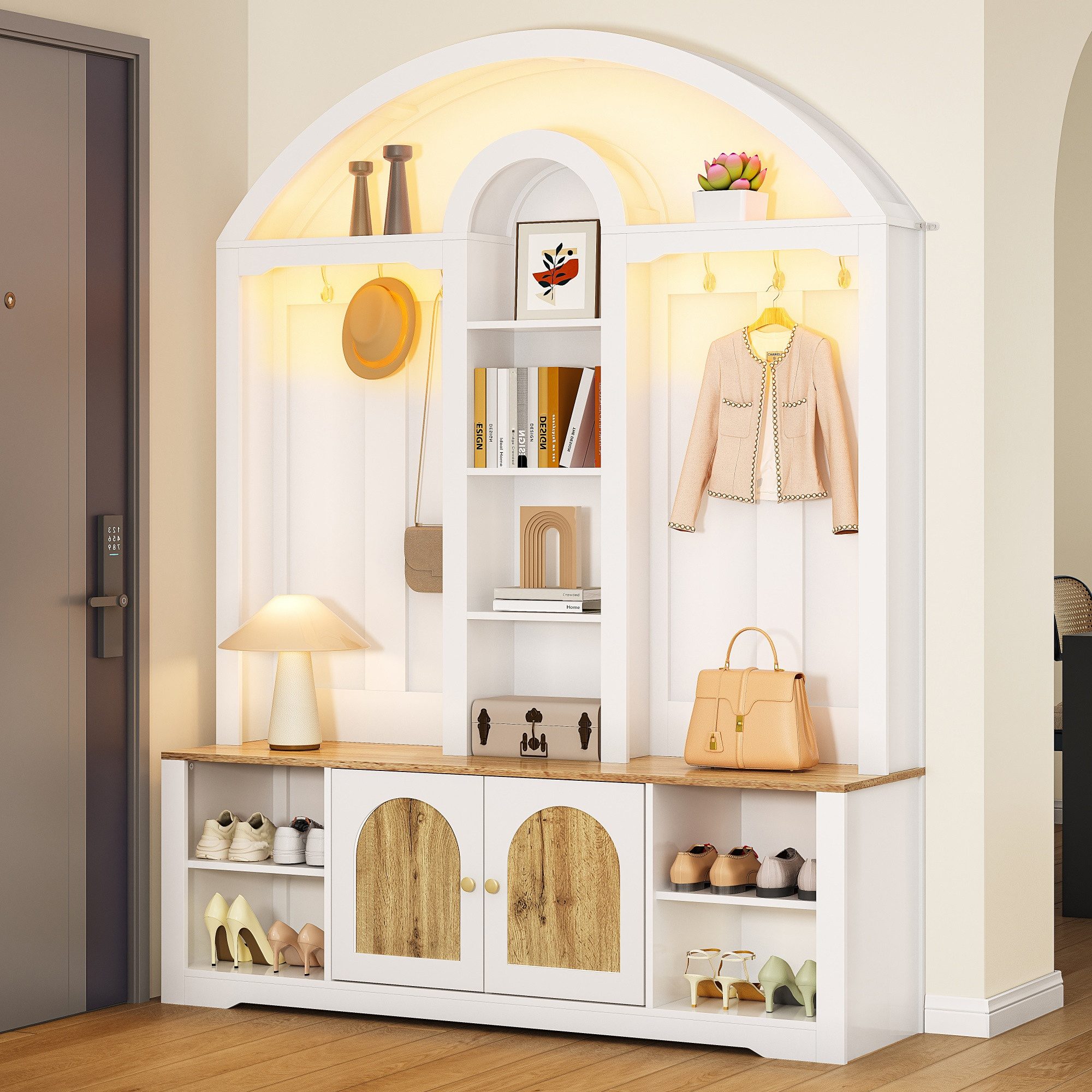 Merax Garderoben-Set Garderobenschrank mit LED-Beleuchtung und geschwungenem Design, (Flur- & Kleiderschrank im skandinavischen Weiß/Schwarz-Holz-Look, 1-St., 150 L x40 B x 195 H(cm), Möbelset mit Mittelablagen, Doppeltüren, Schuhregal & Metallhaken