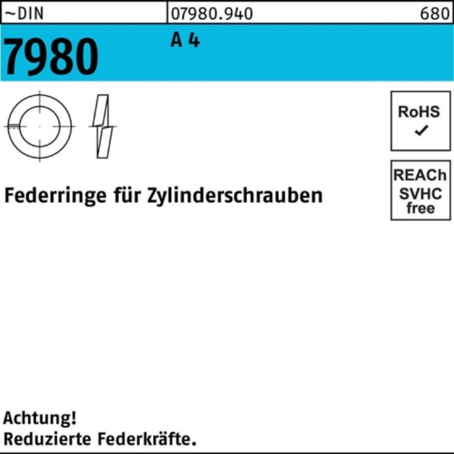 Reyher Zylinderschraube 100er Pack Federring DIN 7980 f.Zylinderschrauben 20 A 4 50 Stück ~DI