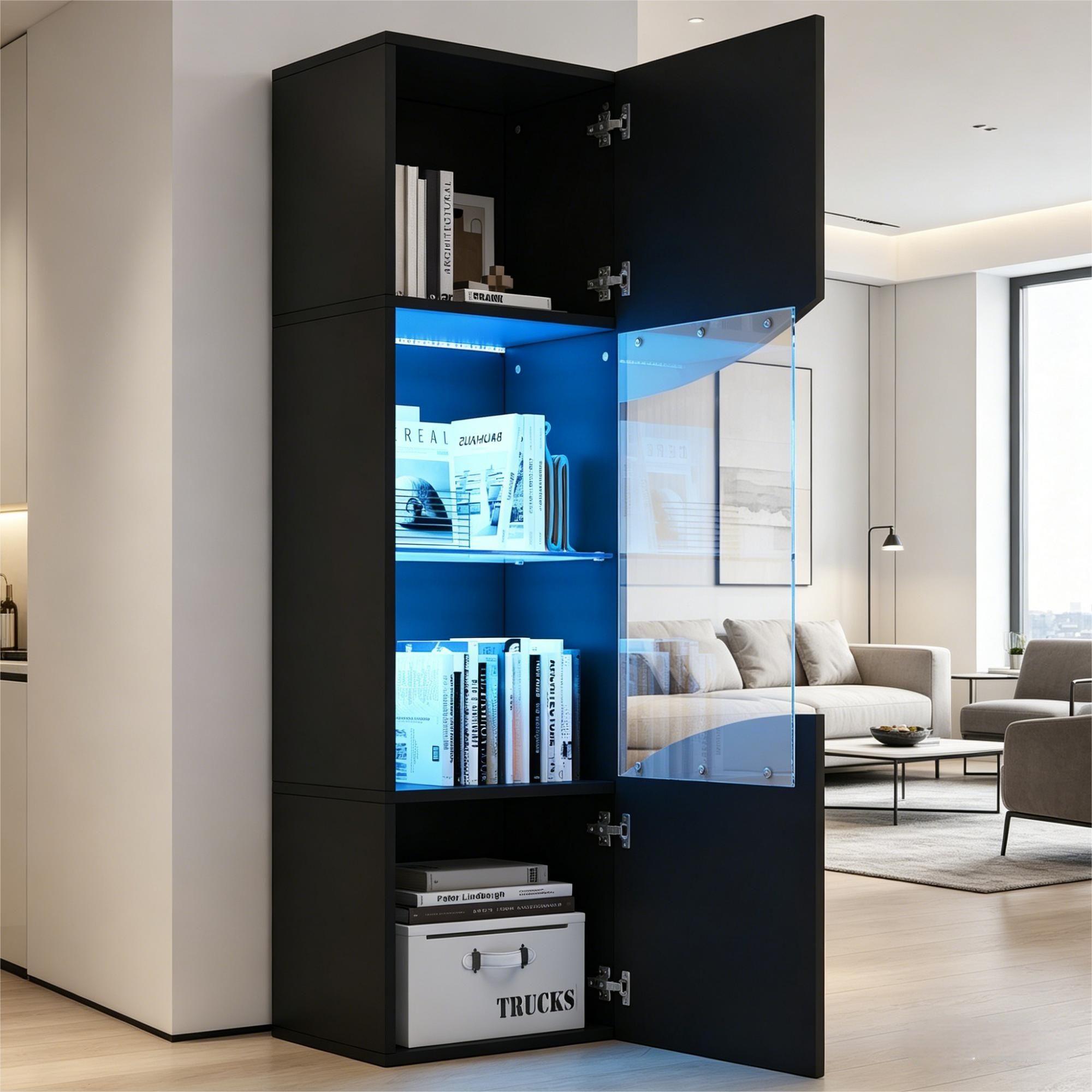 Merax Vitrine Hochglanz Vitrinenschrank mit LED (35 x 50 x 165 cm, 1-St) schmaler Wohnzimmerschrank Glasvitrine mit Wellenfront,großem Stauraum