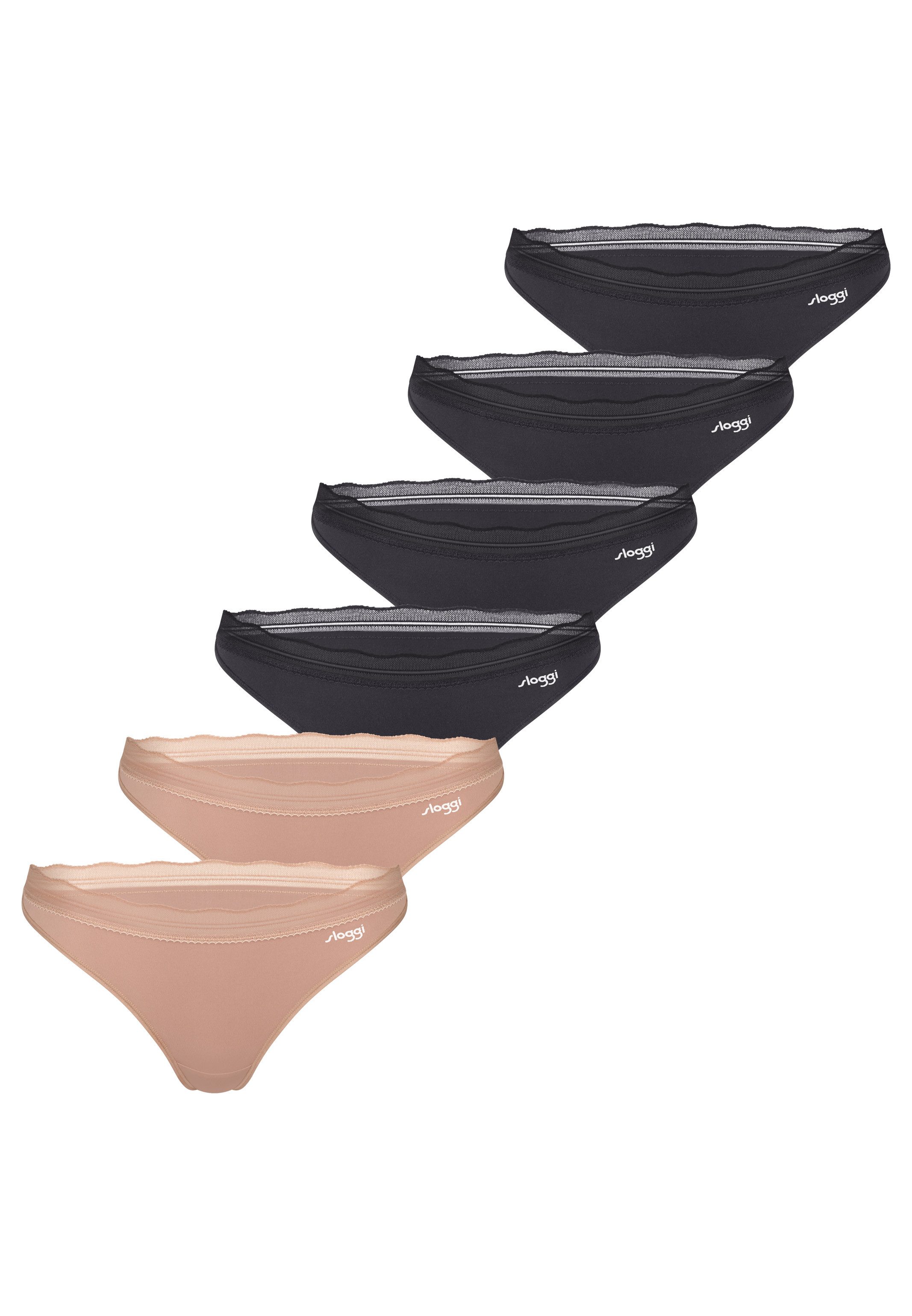 sloggi T-String 6er Pack Go Blush (Spar-Set, 6-St) String - Atmungsaktiv - Feminine Spitze mit Bogenkante