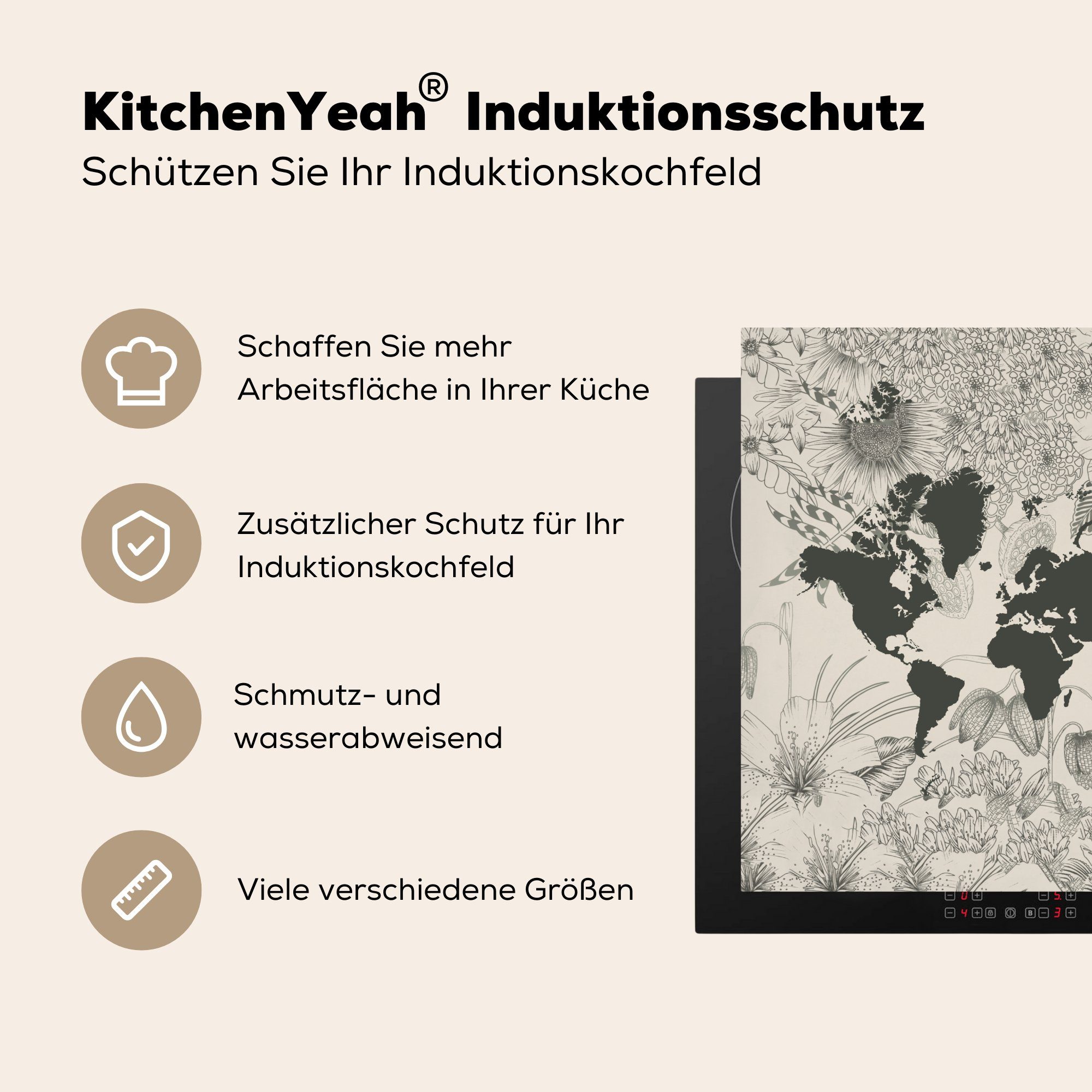 Herdblende-/Abdeckplatte küche (1 cm, tlg), - Vinyl, Grau MuchoWow - 78x78 für Blume, Ceranfeldabdeckung, Weltkarte Arbeitsplatte