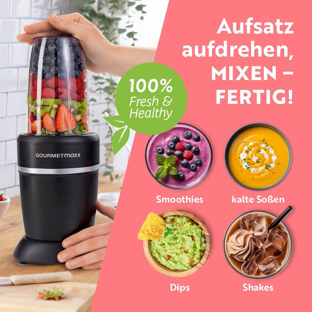 GOURMETmaxx Standmixer Mixer Becher 500ml 3-tlg. 1000W schwarz/Edelstahl, 1000 W, Shakes Smoothies Cocktails Dips Pesto pürieren zerkleinern mahlen – Bild 5 von 5