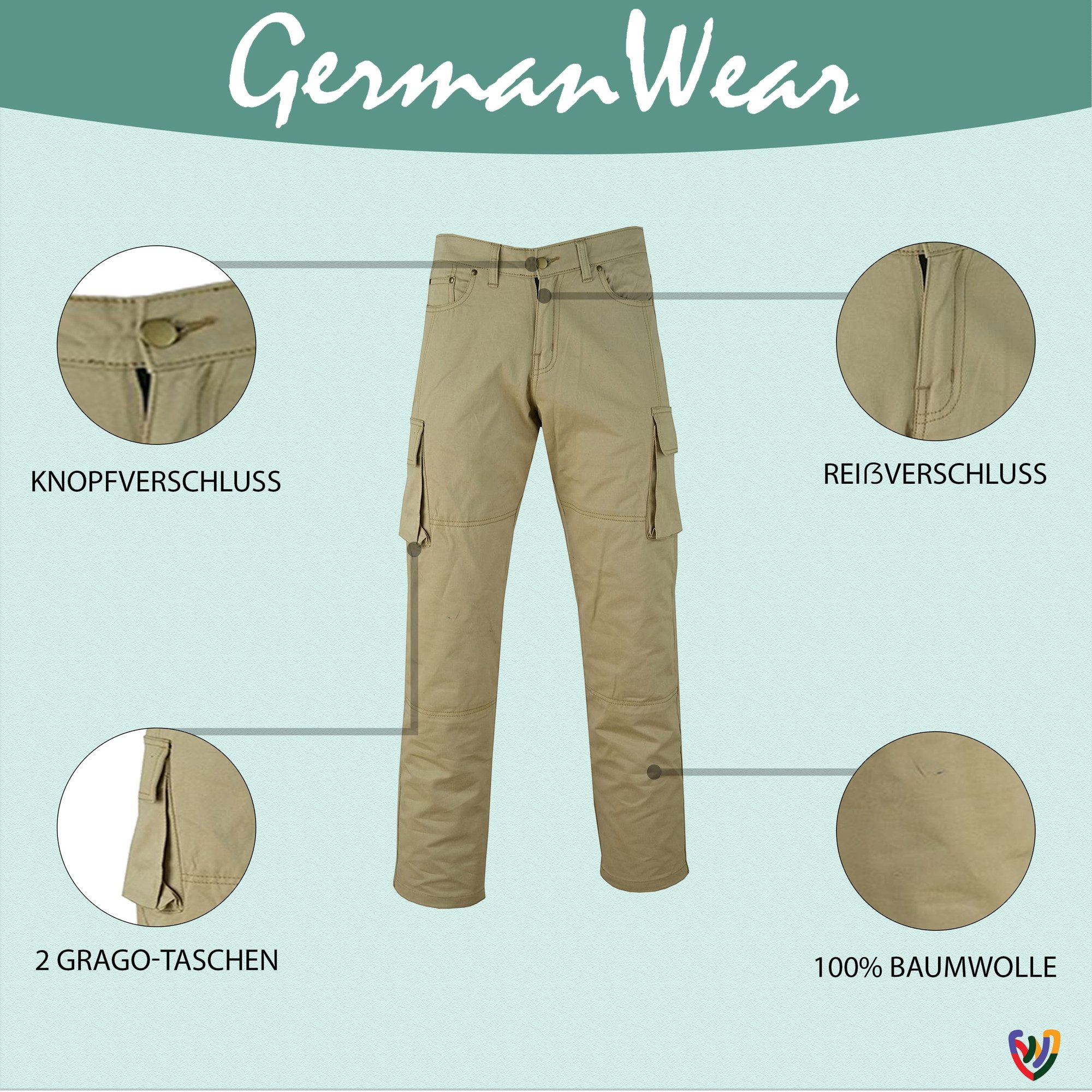German Wear Motorradhose JEANS-003 Motorradjeans Biker Cargohose mit Schutz Aramidstoff & CE-Protektoren