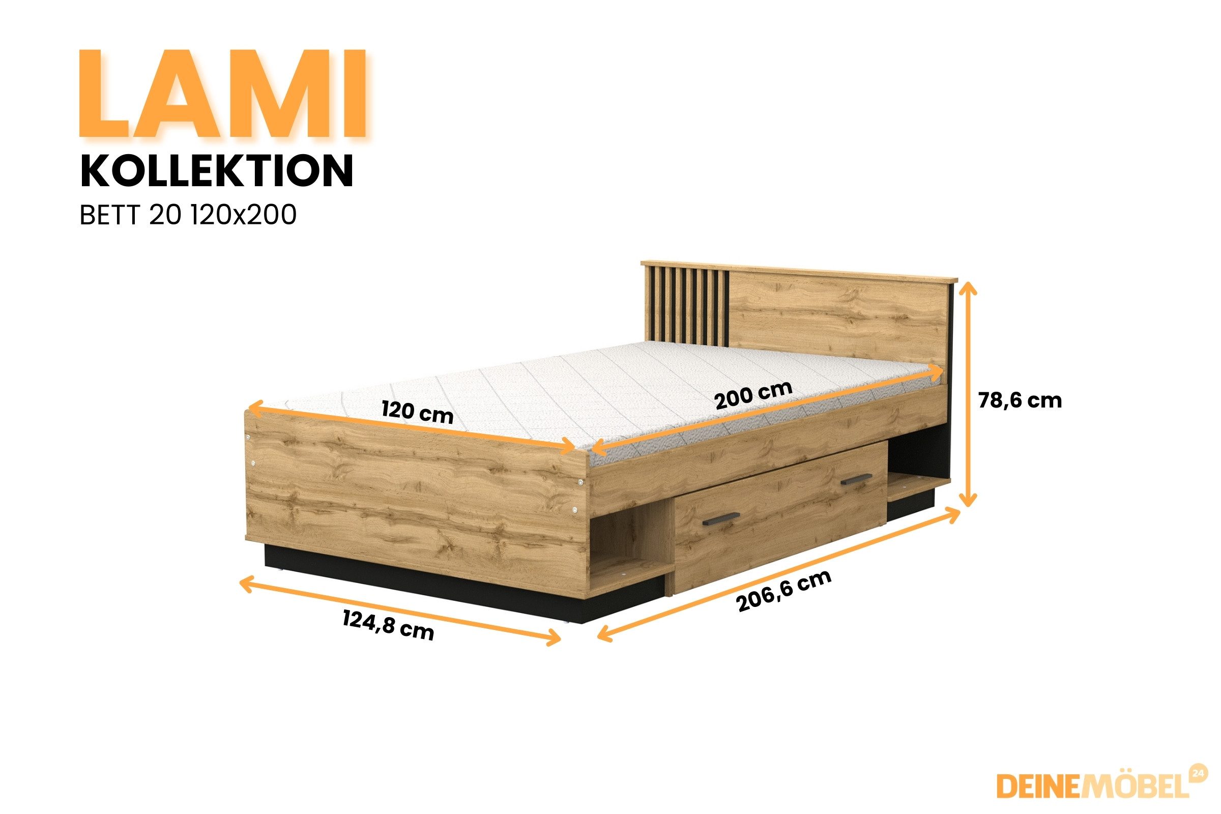 Deine Möbel 24 Jugendbett LAMI 20 Einzelbett 120x200 cm in Wotan Eiche mit schwarzen Lamellen (Ideal für Jugendzimmer, Gästezimmer oder kleinere Schlafzimmer, 1-tlg., LAMI - Kollektion), modernes Bettgestell, Matratze optional