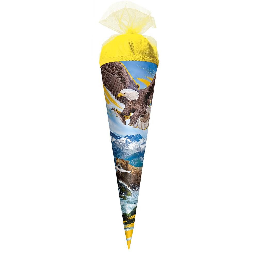Roth Schultüte Seeadler 50cm, mit gelbem Tüllverschluss Zuckertüte Tiere Natur Motiv, Seeadlermotiv, Geschwisterformat, Naturdesign, runde Form, Schulstart