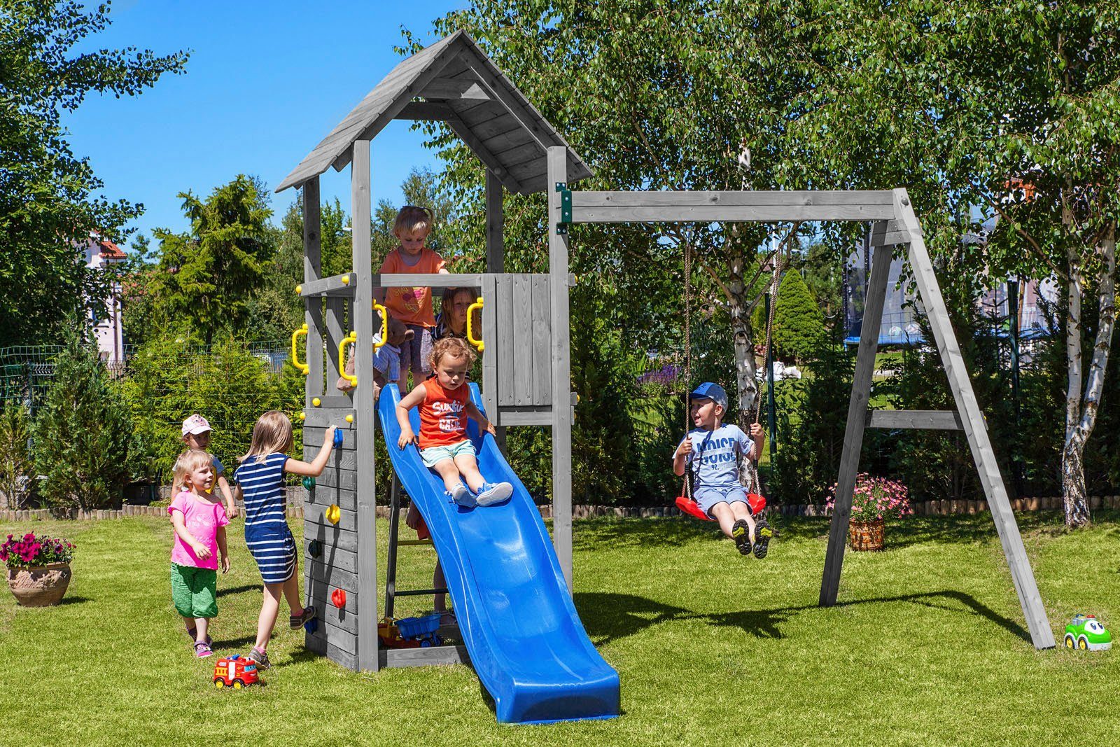 FUNGOO Spielturm CAROL 2 GREY, mit Schaukel & Rutsche, Kletterwand