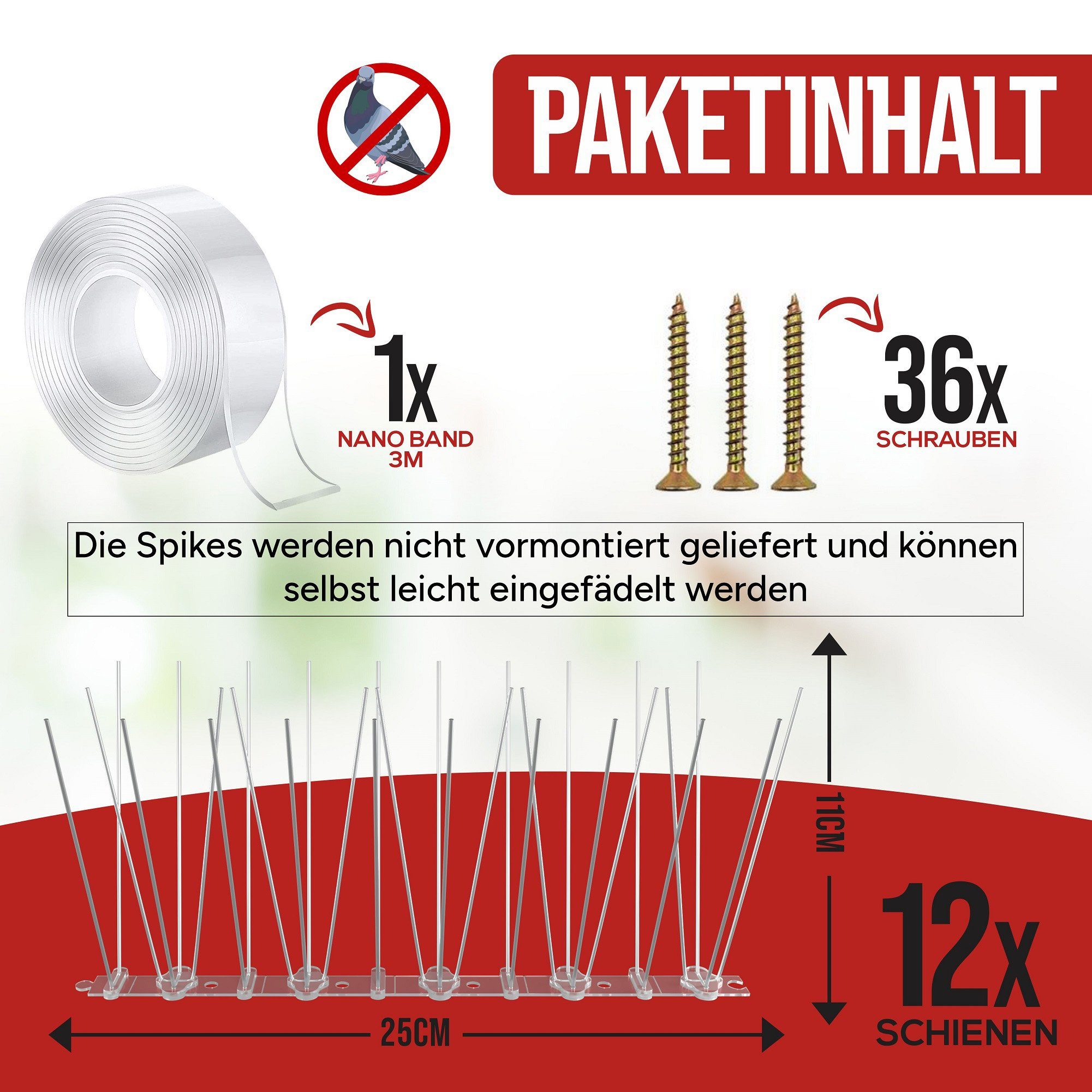 wortek Taubenspikes Taubenschreck Vogelabwehr 3m, Tierfreundliche Taubenabwehr mit Sollbruchstellen