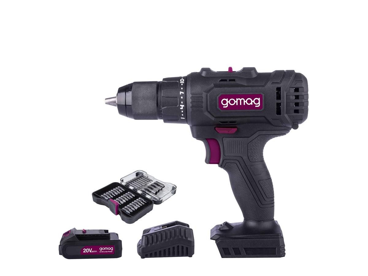 Gomag Akku-Bohrschrauber GO-BS45 2,0 Ah Starterkit, Bitschfrauberset, 20 V, max. 1500 U/min, (Set), inkl. Bitschrauber-Set 37 tlg.
