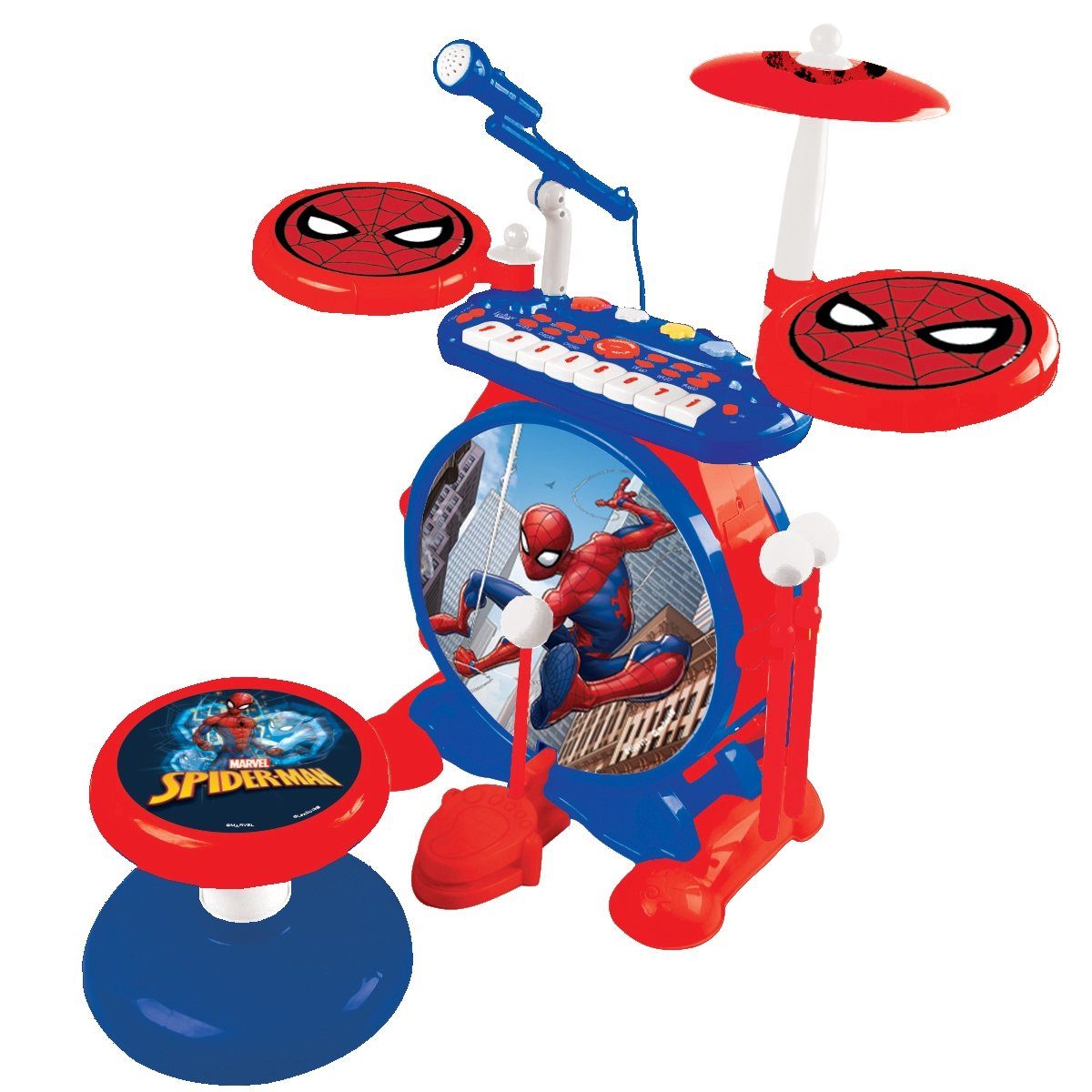 Lexibook® Spielzeug-Musikinstrument Spider-Man Elektronisches Schlagzeug mit Keyboard und Sitz